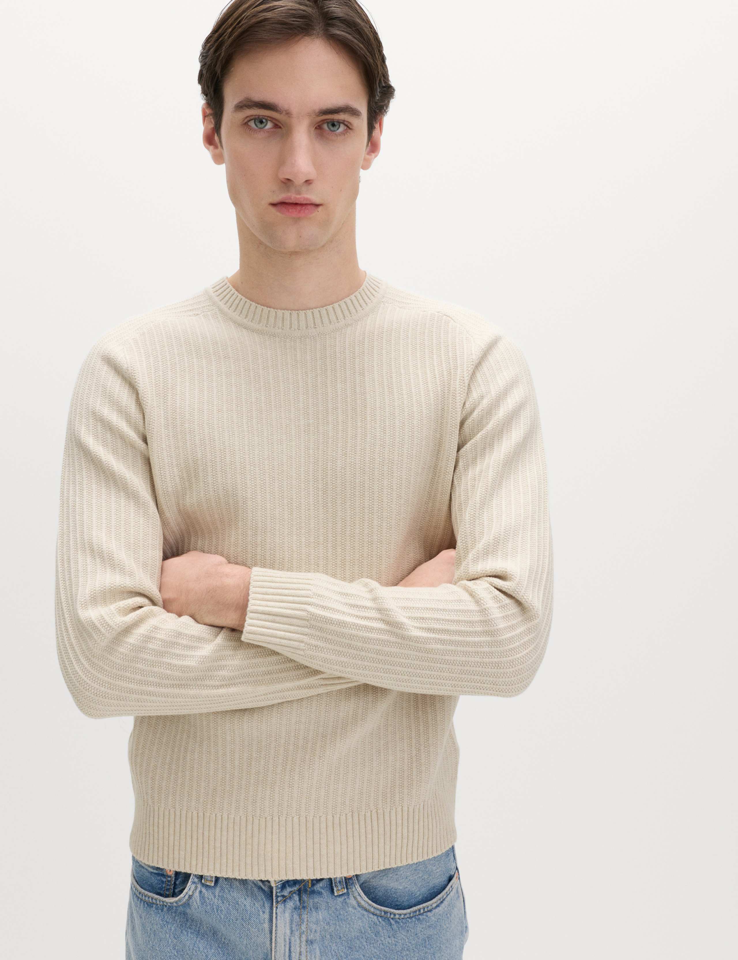 Cotton Blend Textured Crew Neck Jumper 1 of 5