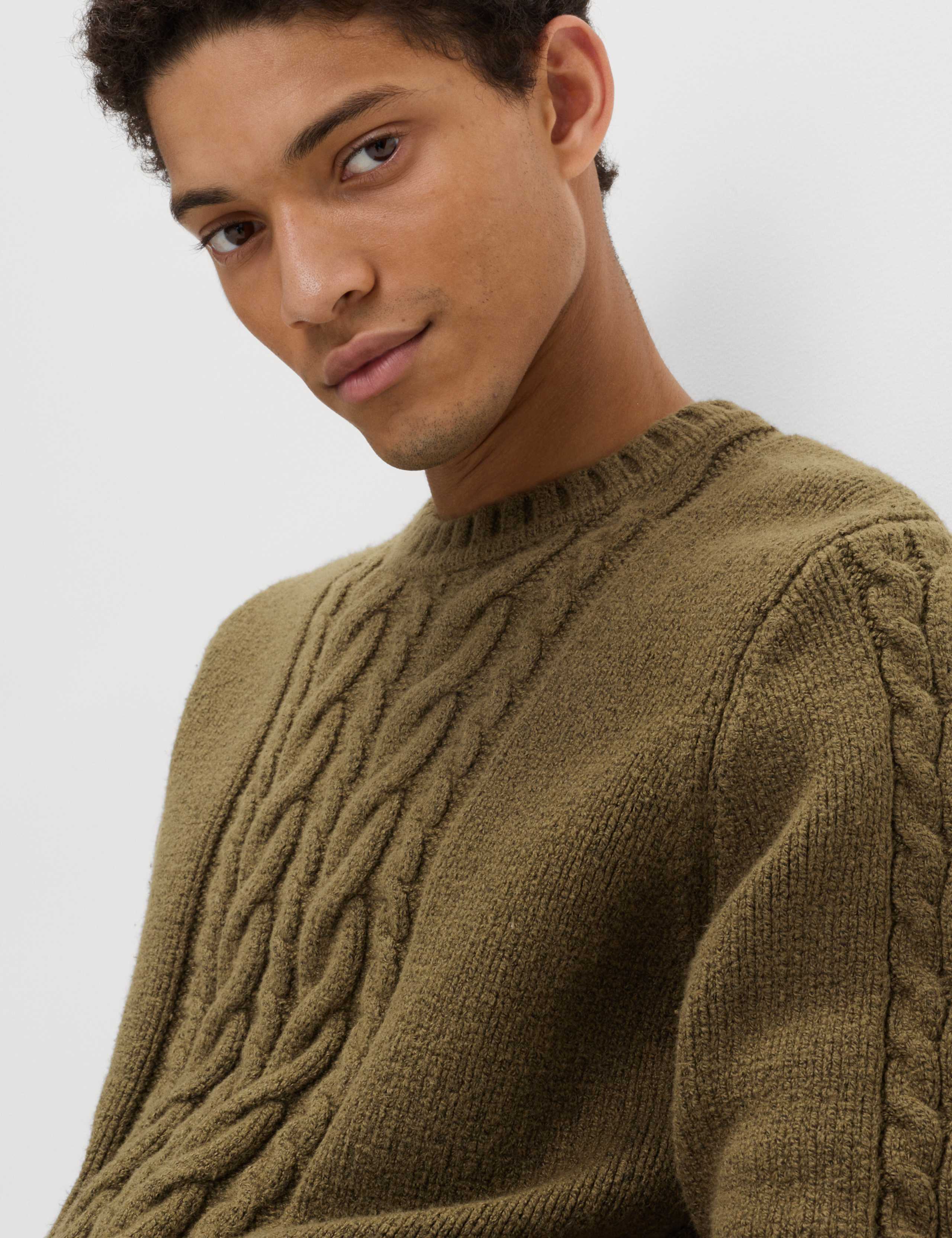 Cotton Blend Cable Knit Crew Neck Jumper 3 of 5