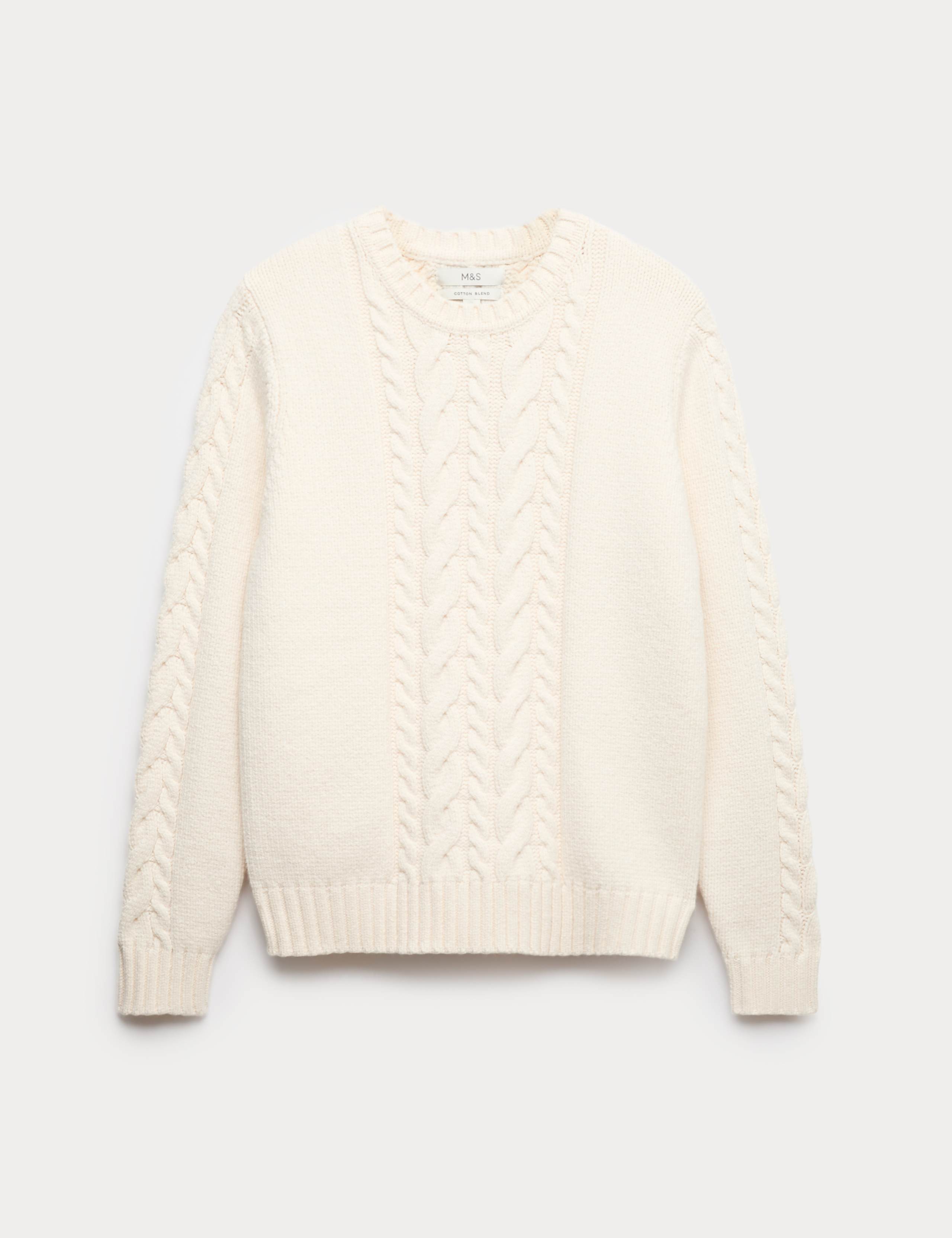 Cotton Blend Cable Knit Crew Neck Jumper 2 of 6