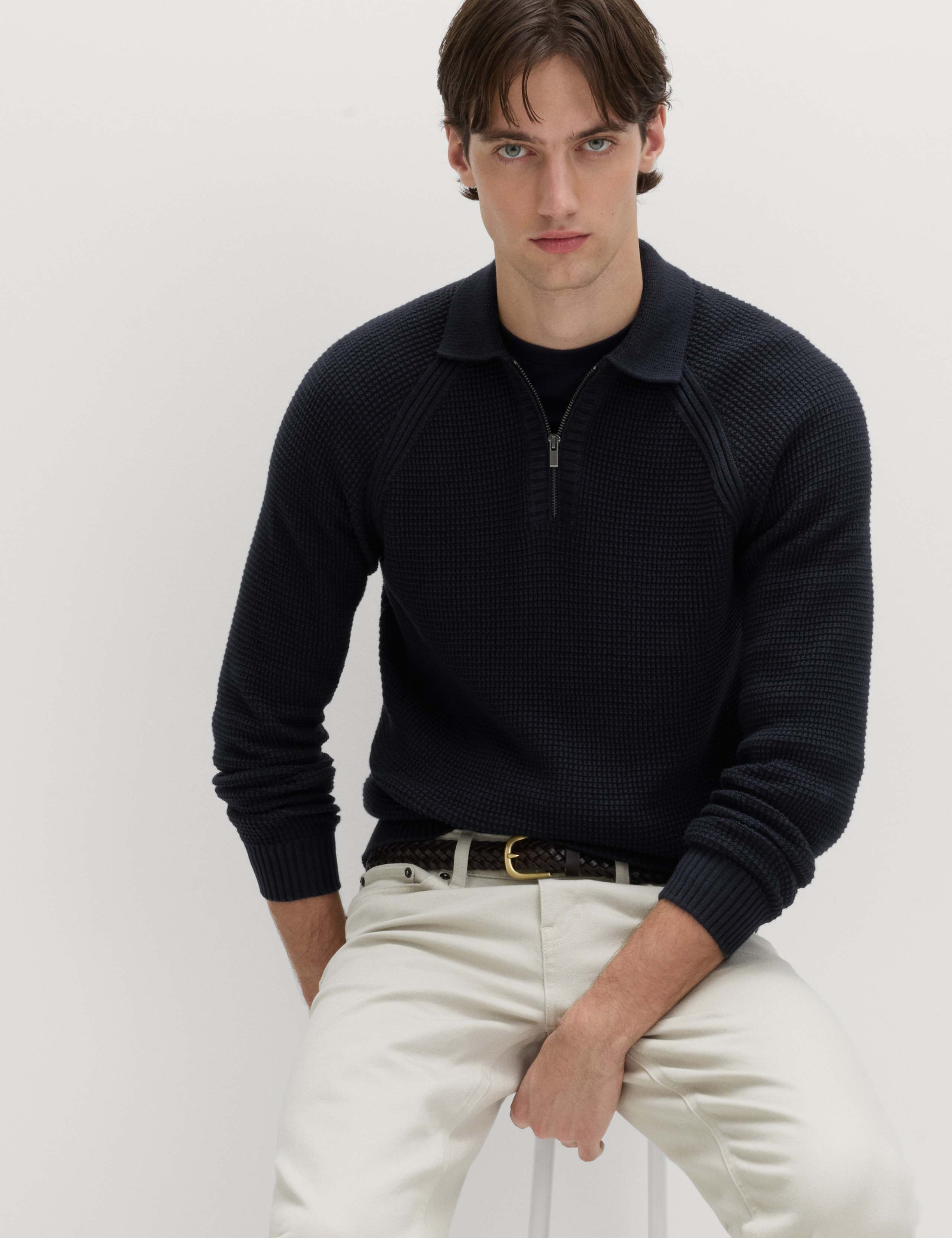 Pure Cotton Half Zip Fisherman's Rib Polo Shirt 5 of 5