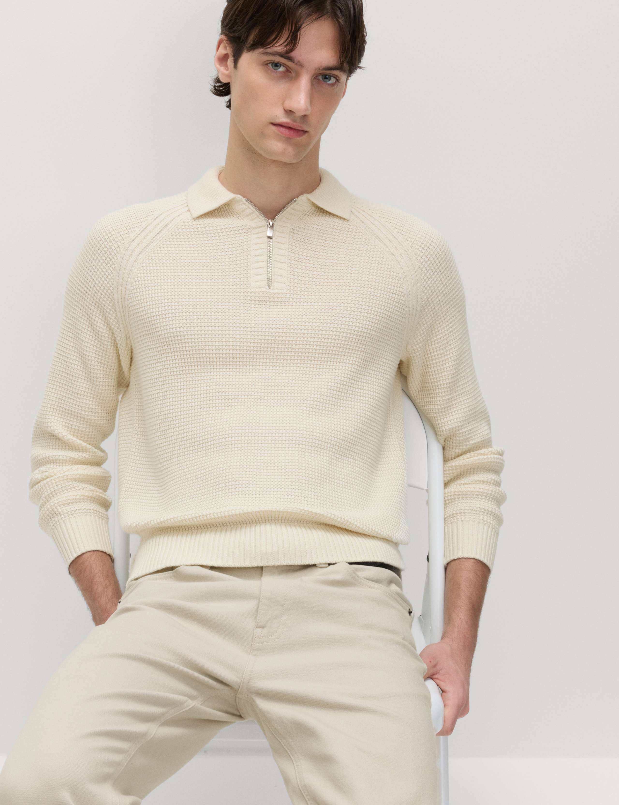 Pure Cotton Half Zip Fisherman's Rib Polo Shirt 6 of 6