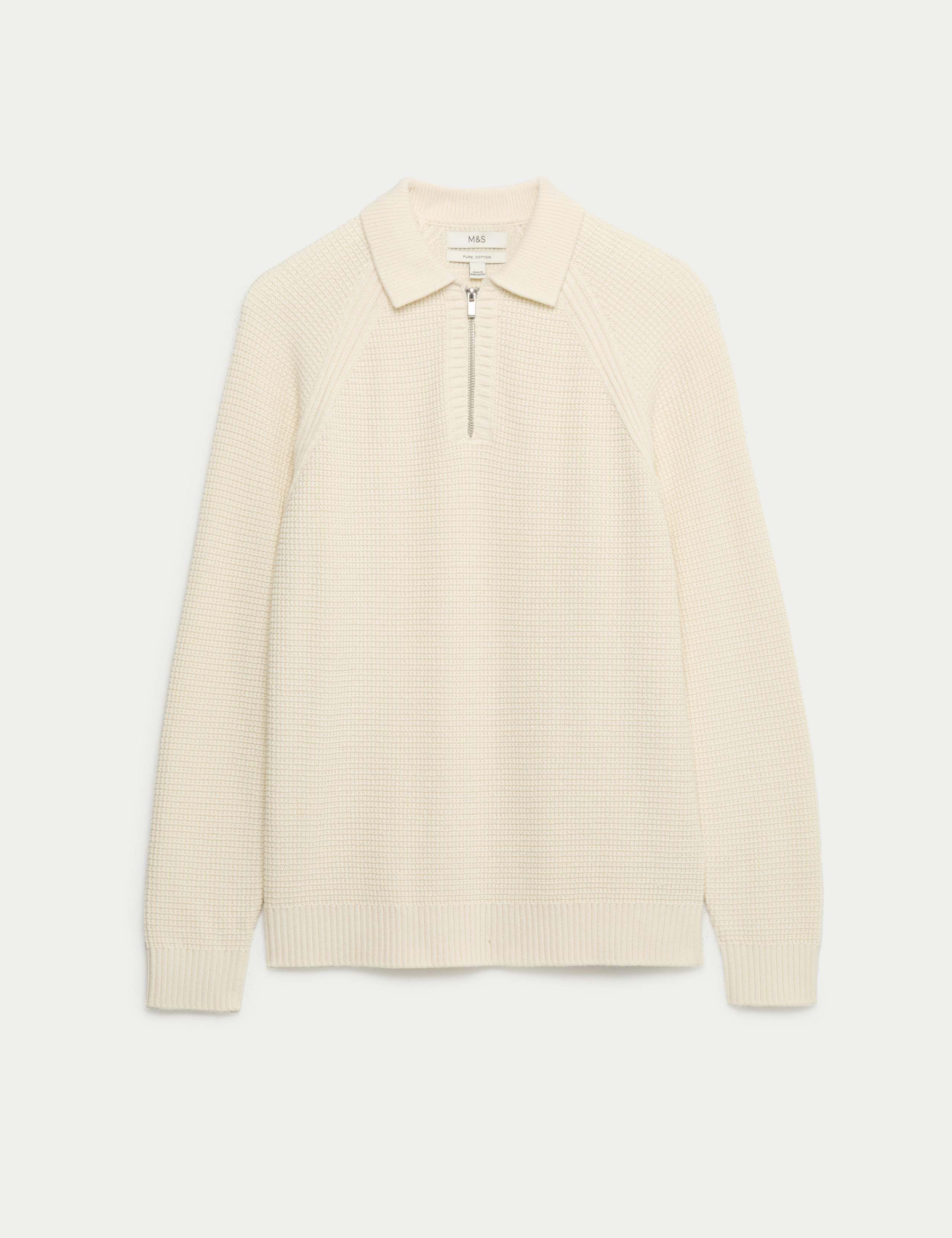 Pure Cotton Half Zip Fisherman's Rib Polo Shirt 2 of 6