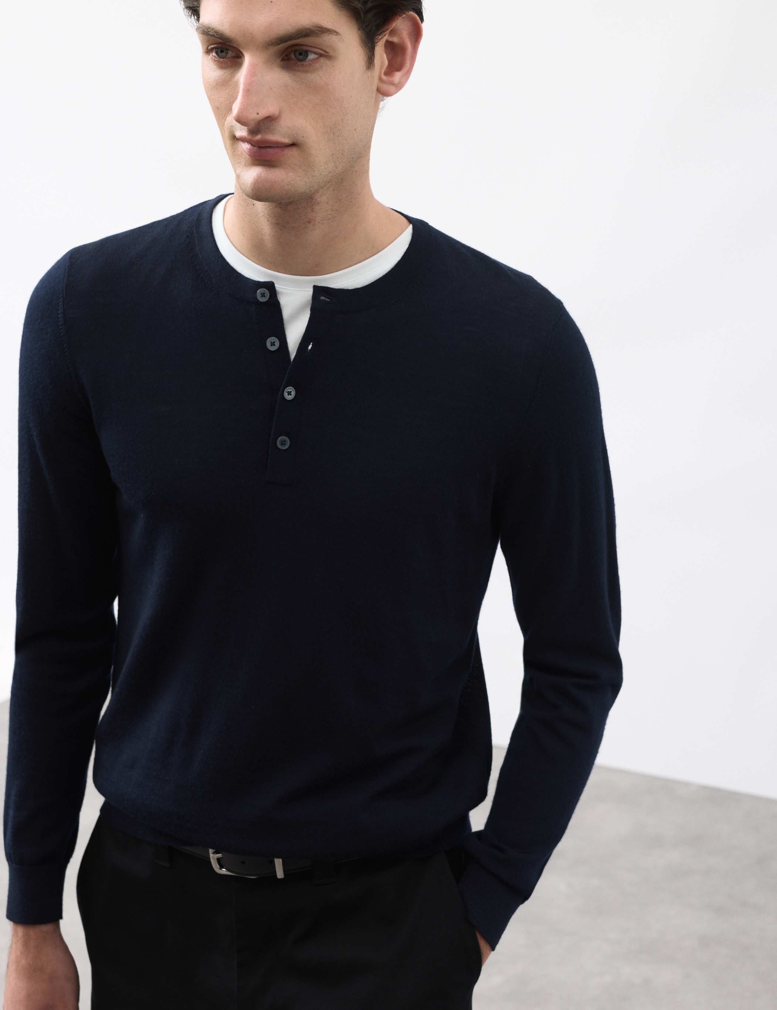 Pure Extra Fine Merino Wool Henley Jumper 1 of 5