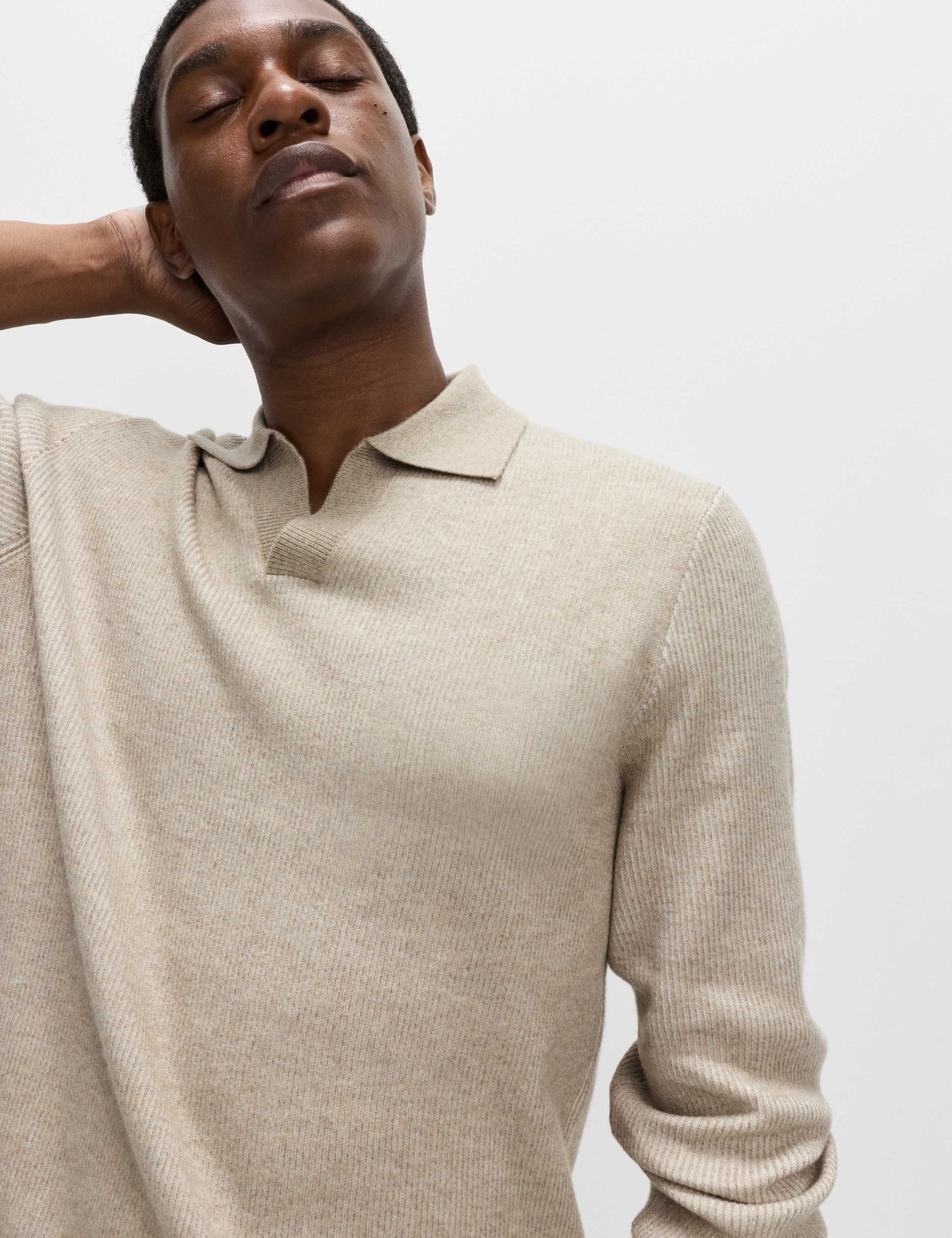 Air-Yarn Ribbed Open Neck Knitted Polo Shirt 1 of 6