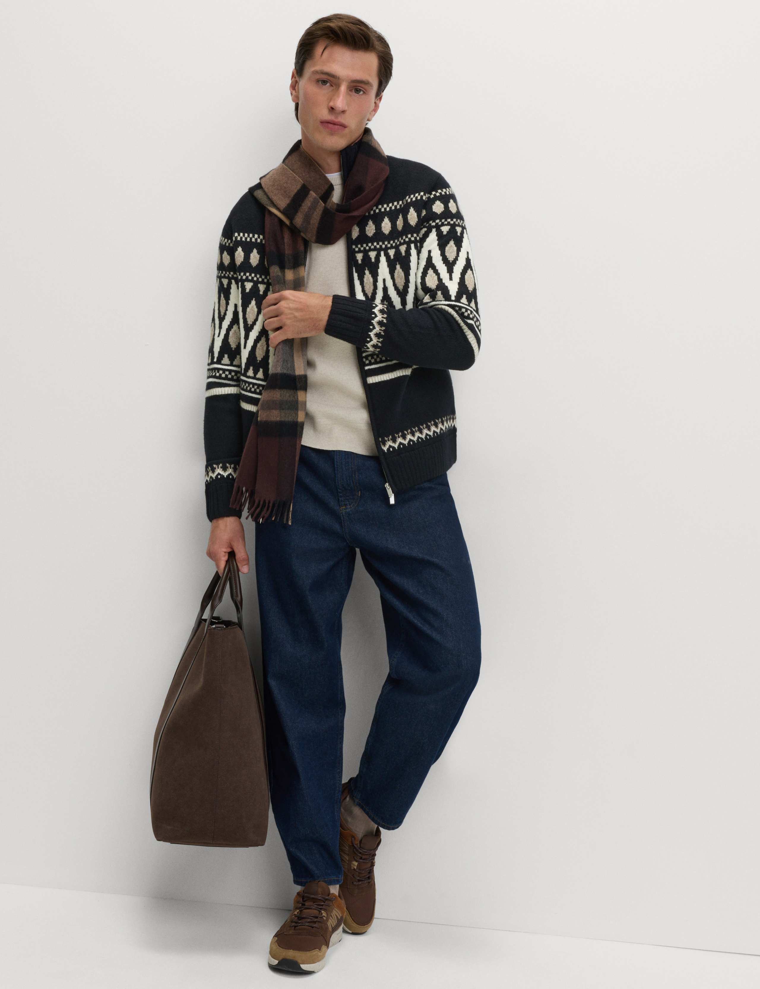 Fair Isle Funnel Neck Knitted Jacket with Wool 3 of 6