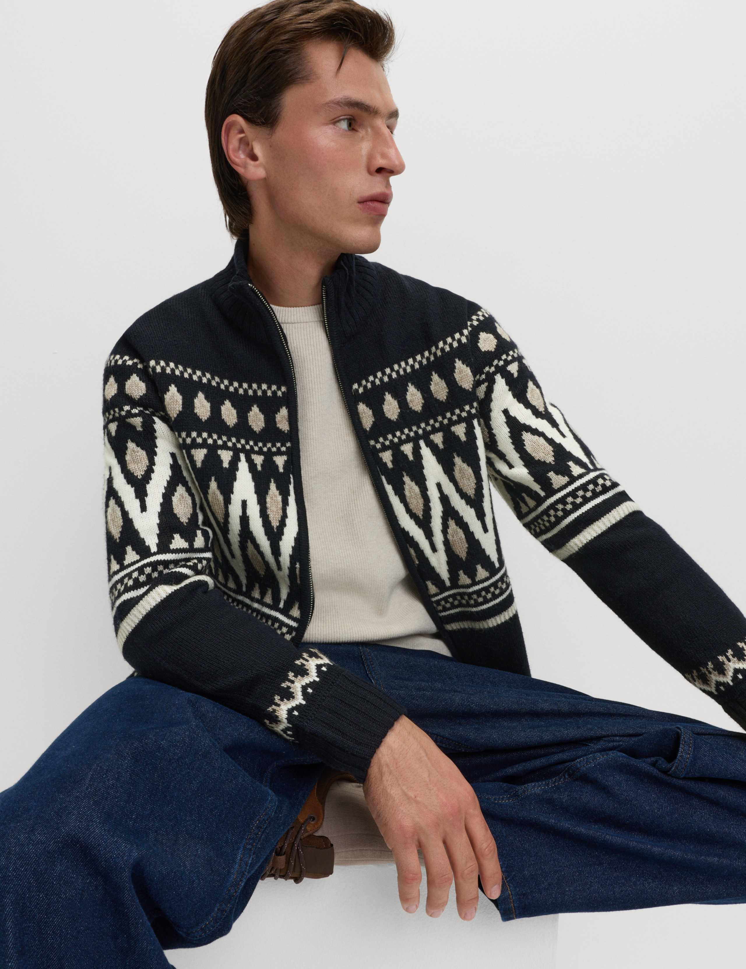 Fair Isle Funnel Neck Knitted Jacket with Wool 6 of 6