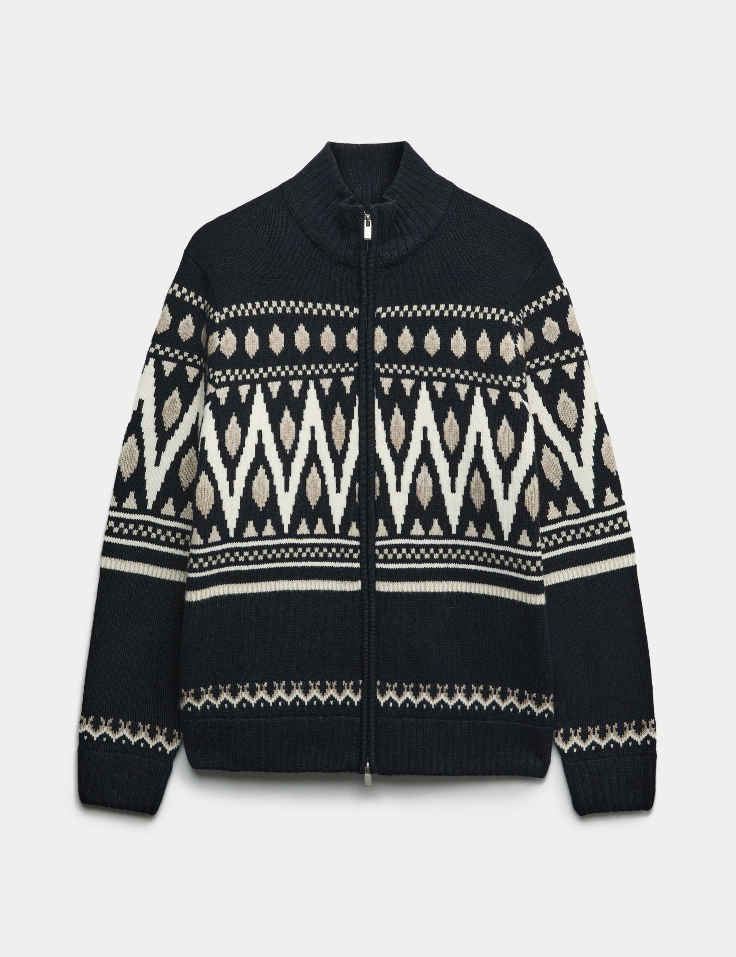 Fair Isle Funnel Neck Knitted Jacket with Wool 2 of 6