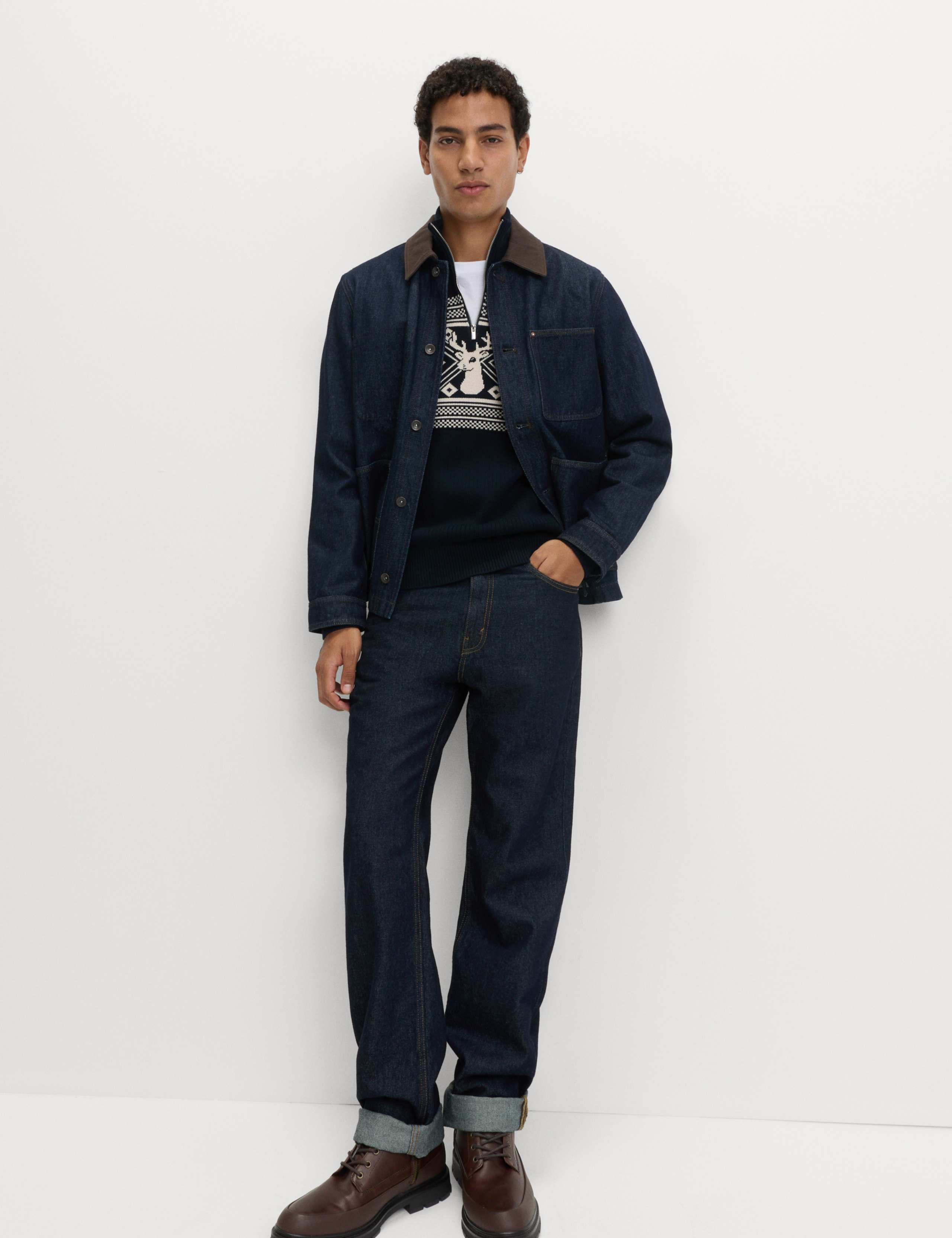 Pure Cotton Fair Isle Stag Half Zip Jumper 3 of 5