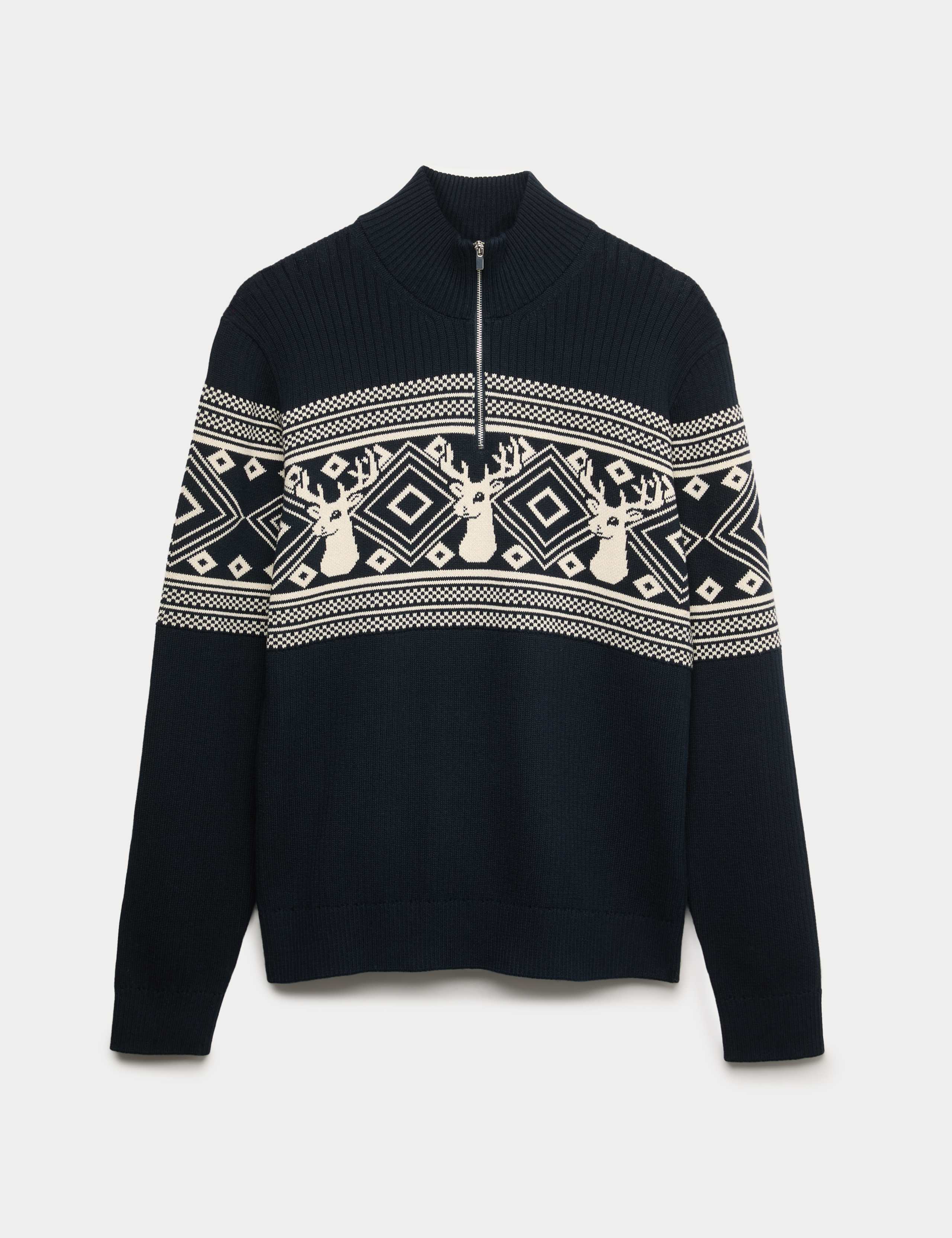 Pure Cotton Fair Isle Stag Half Zip Jumper 2 of 3