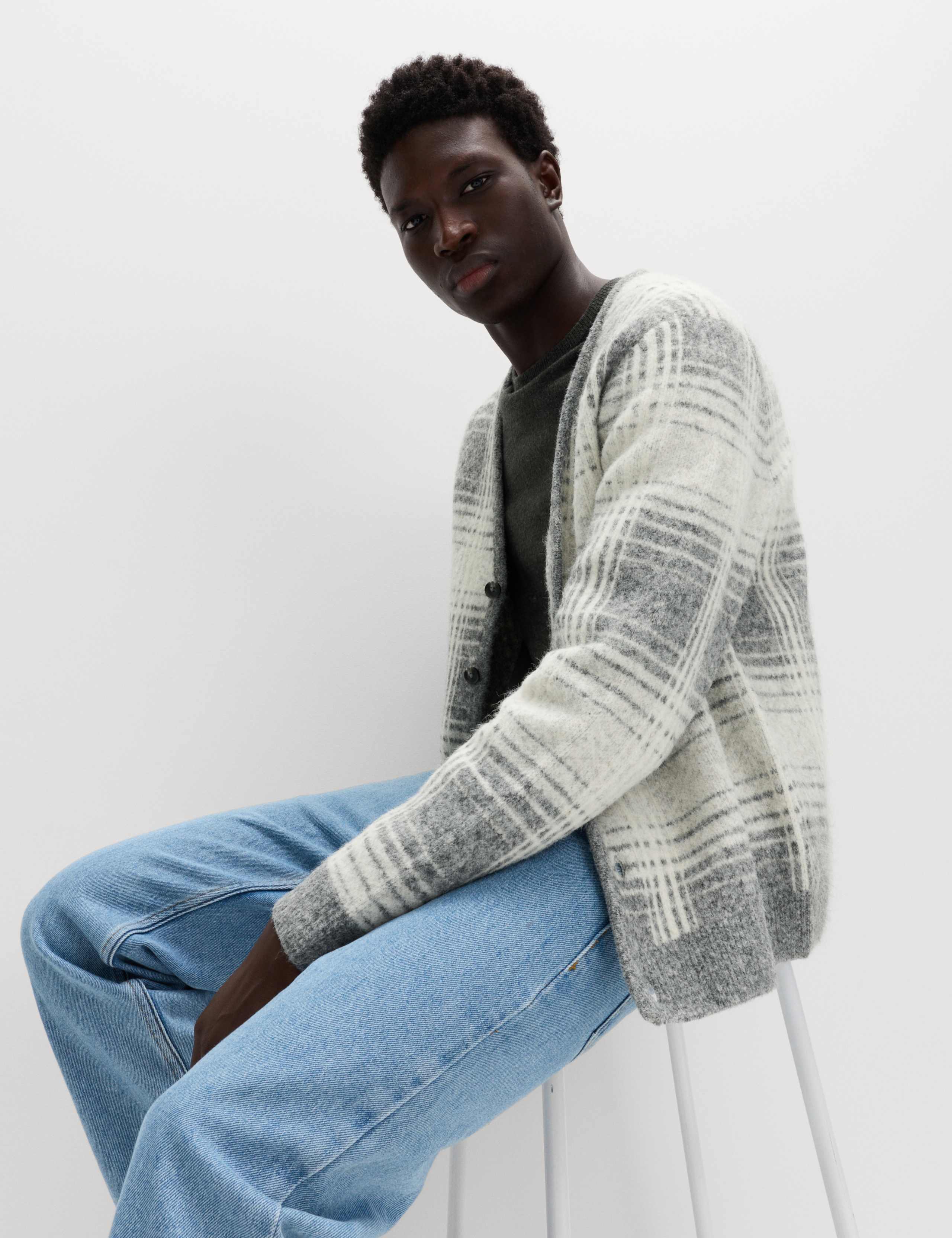 Checked Hazy Knit V-Neck Cardigan with Wool 1 of 6