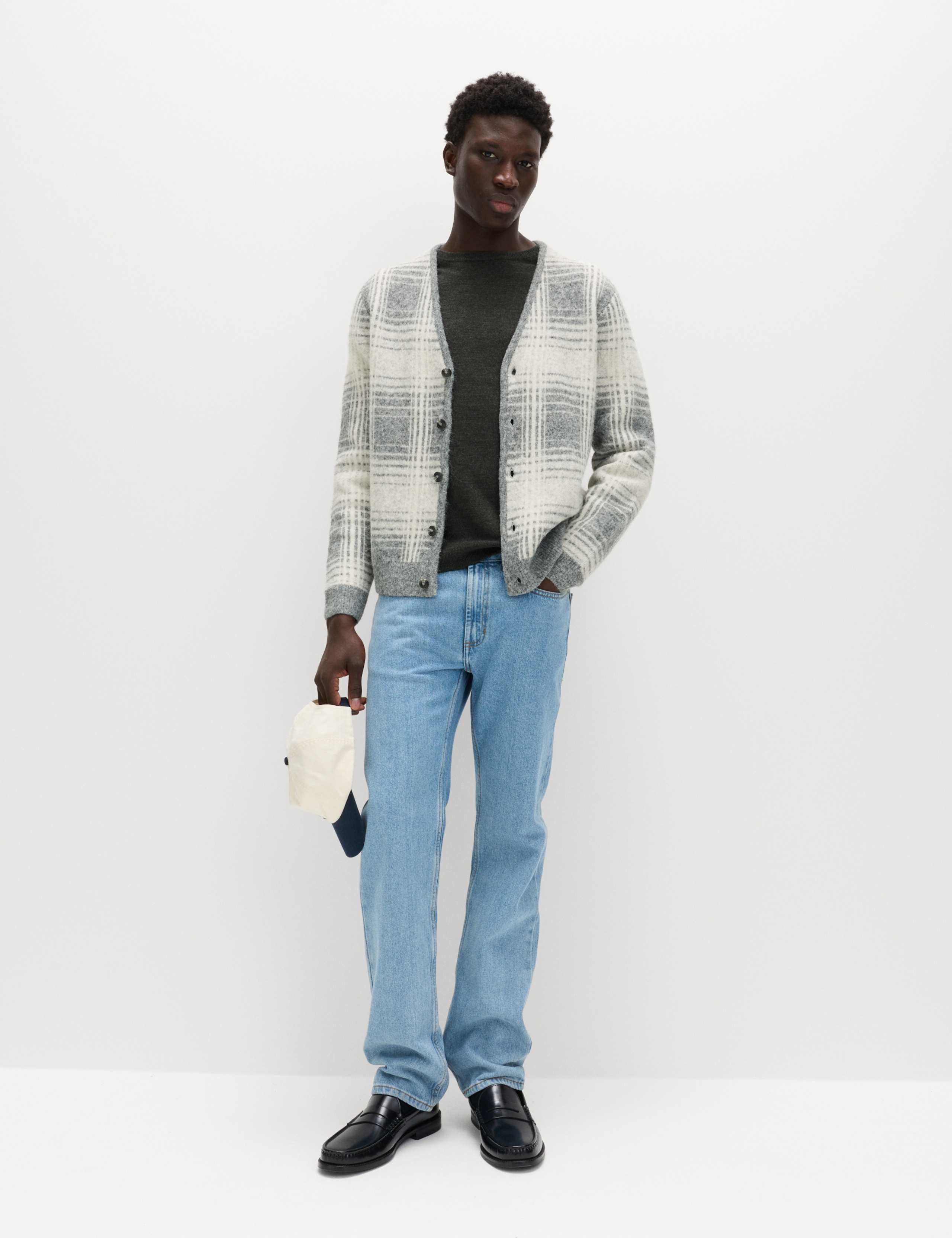 Checked Hazy Knit V-Neck Cardigan with Wool 4 of 6