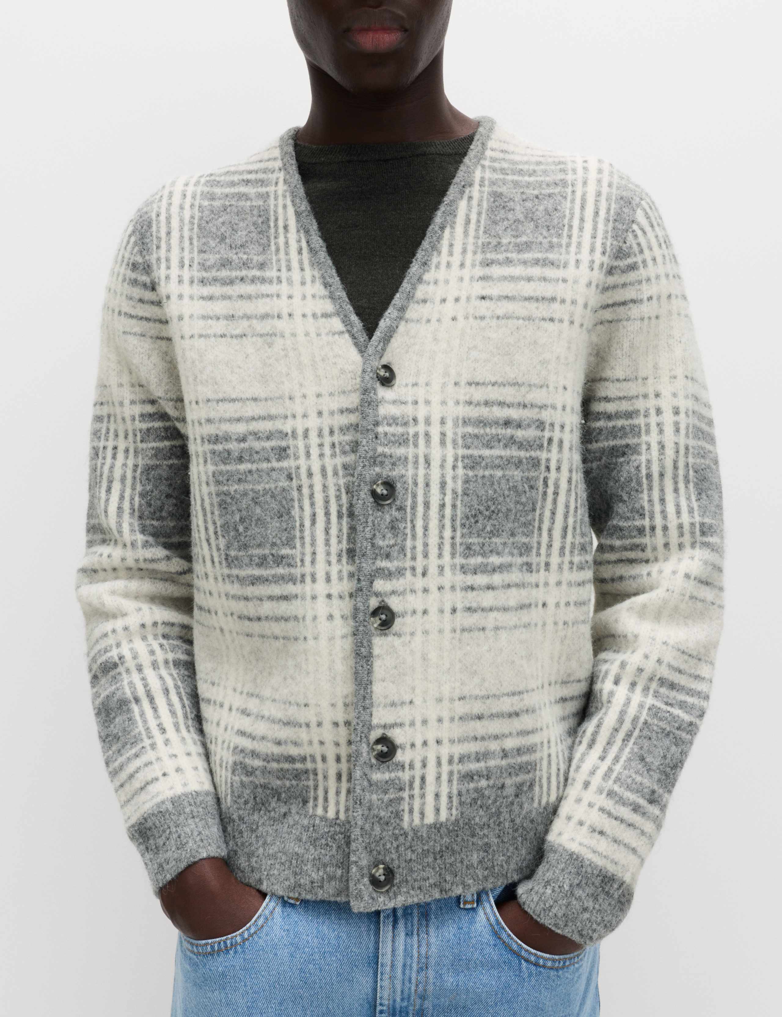 Checked Hazy Knit V-Neck Cardigan with Wool 5 of 6