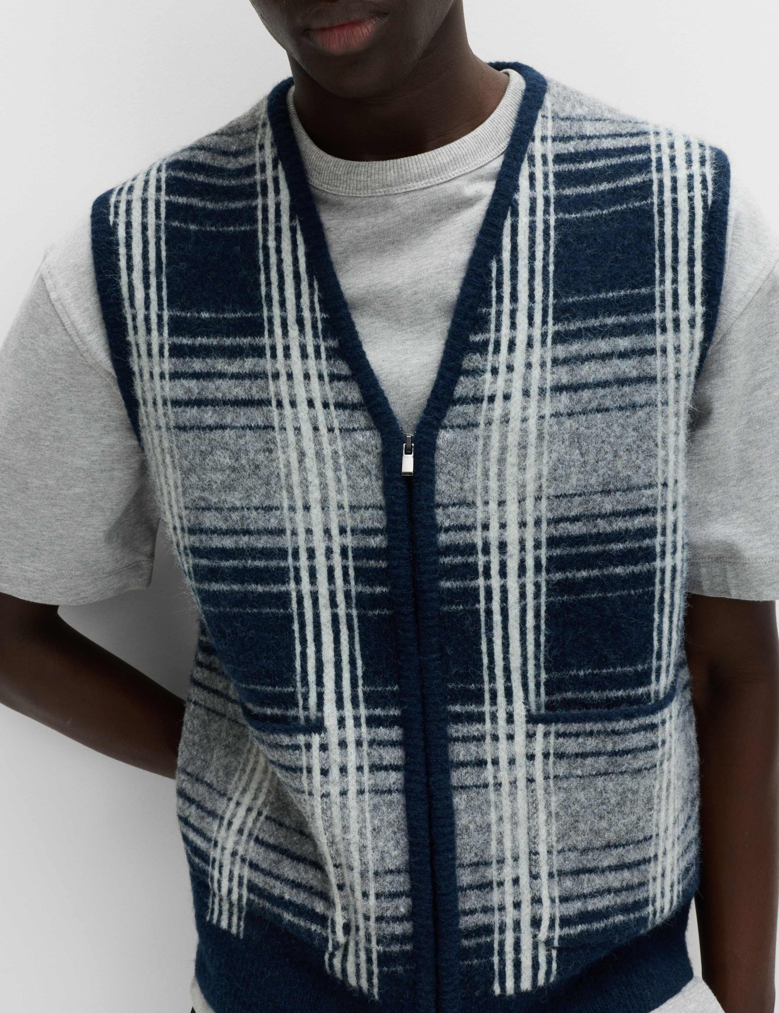 Checked V-Neck Zip Up Gilet with Wool 1 of 6