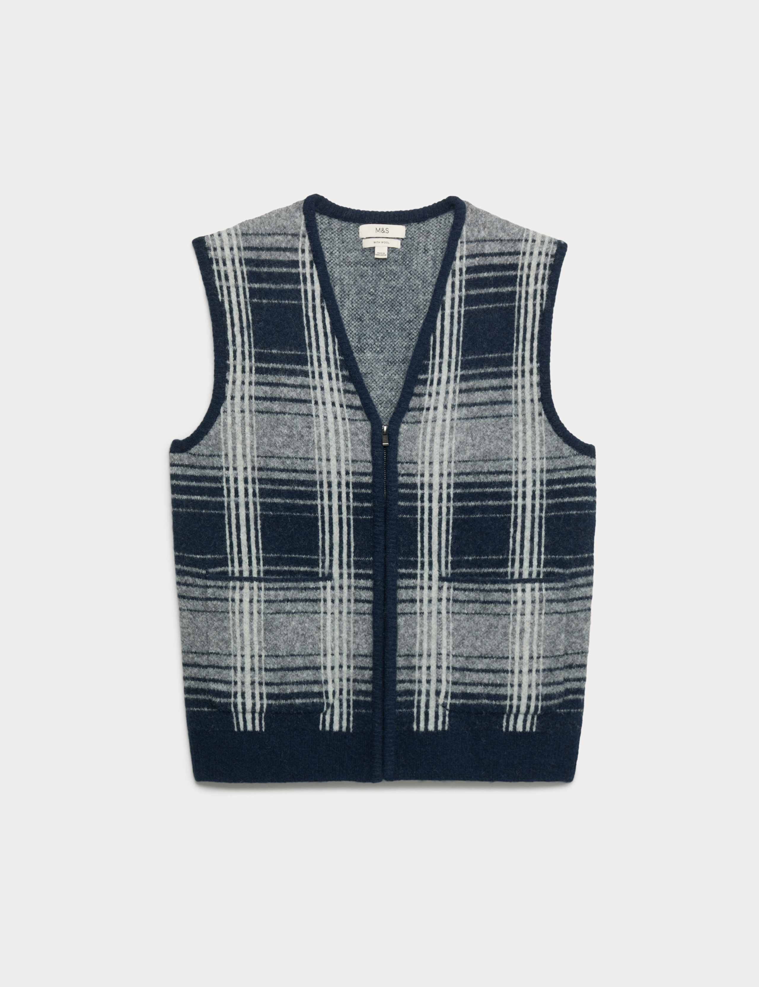 Checked V-Neck Zip Up Gilet with Wool 2 of 6