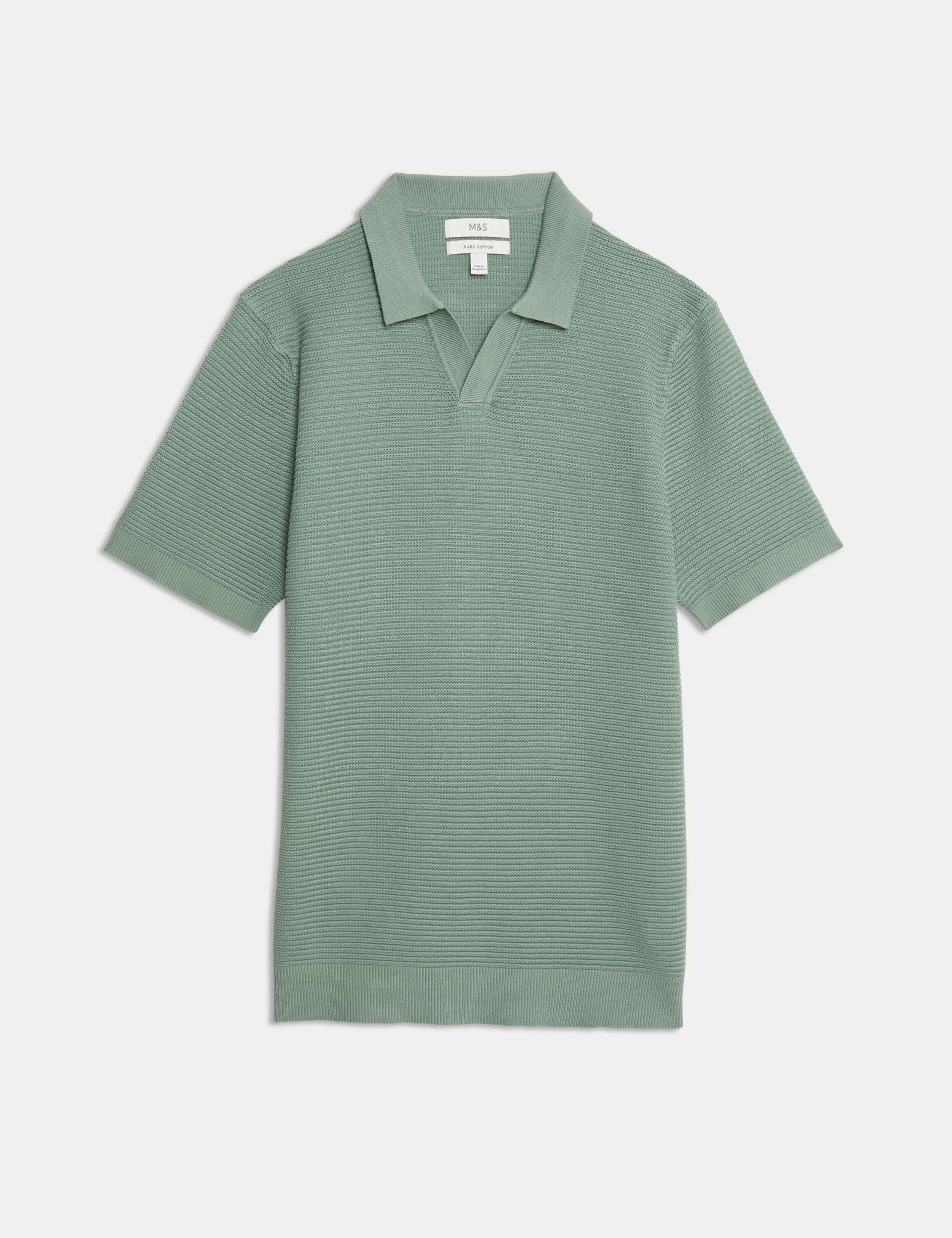 Pure Cotton Open Neck Ribbed Knitted Polo Shirt 2 of 5
