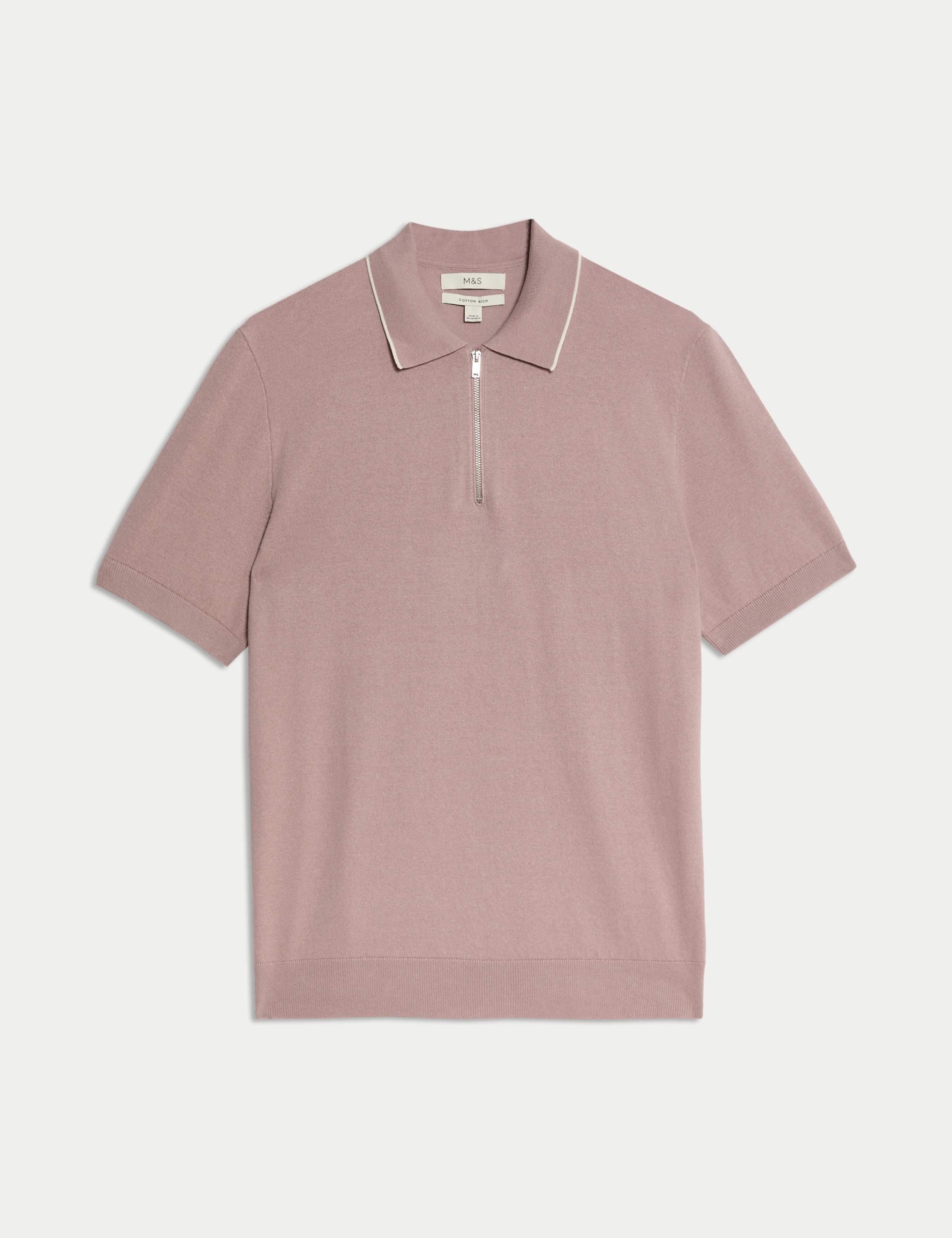 Cotton Rich Half Zip Knitted Polo Shirt 2 of 6