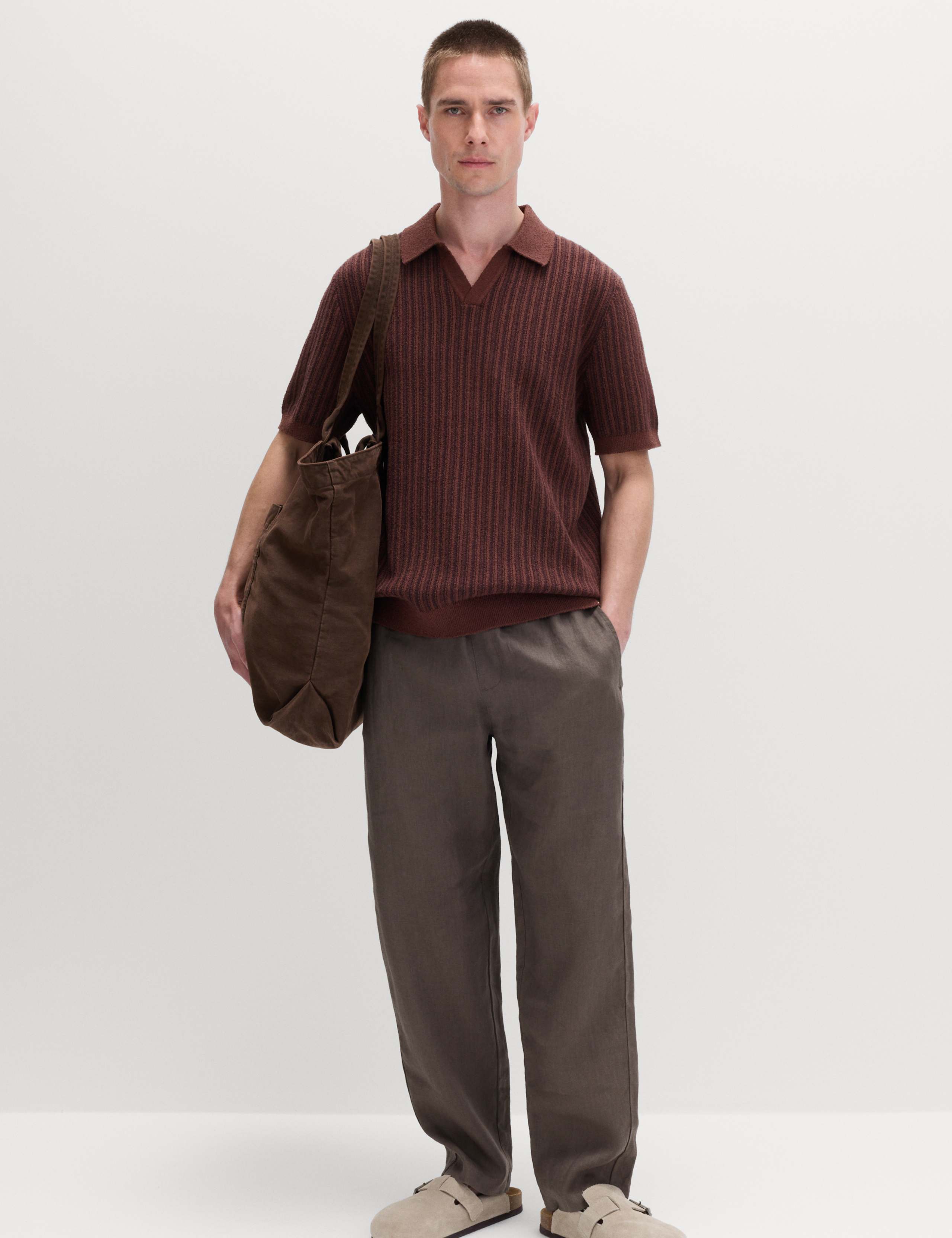 Boucle Striped Open Neck Knitted Polo Shirt 6 of 6