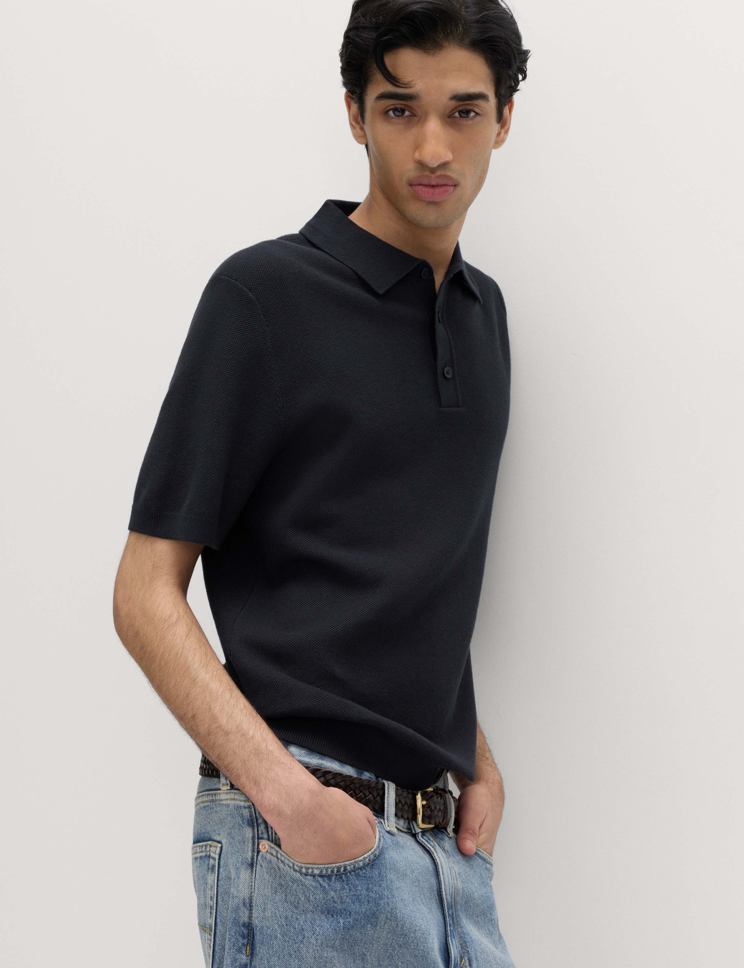 Cotton Rich Textured Knitted Polo Shirt 1 of 6