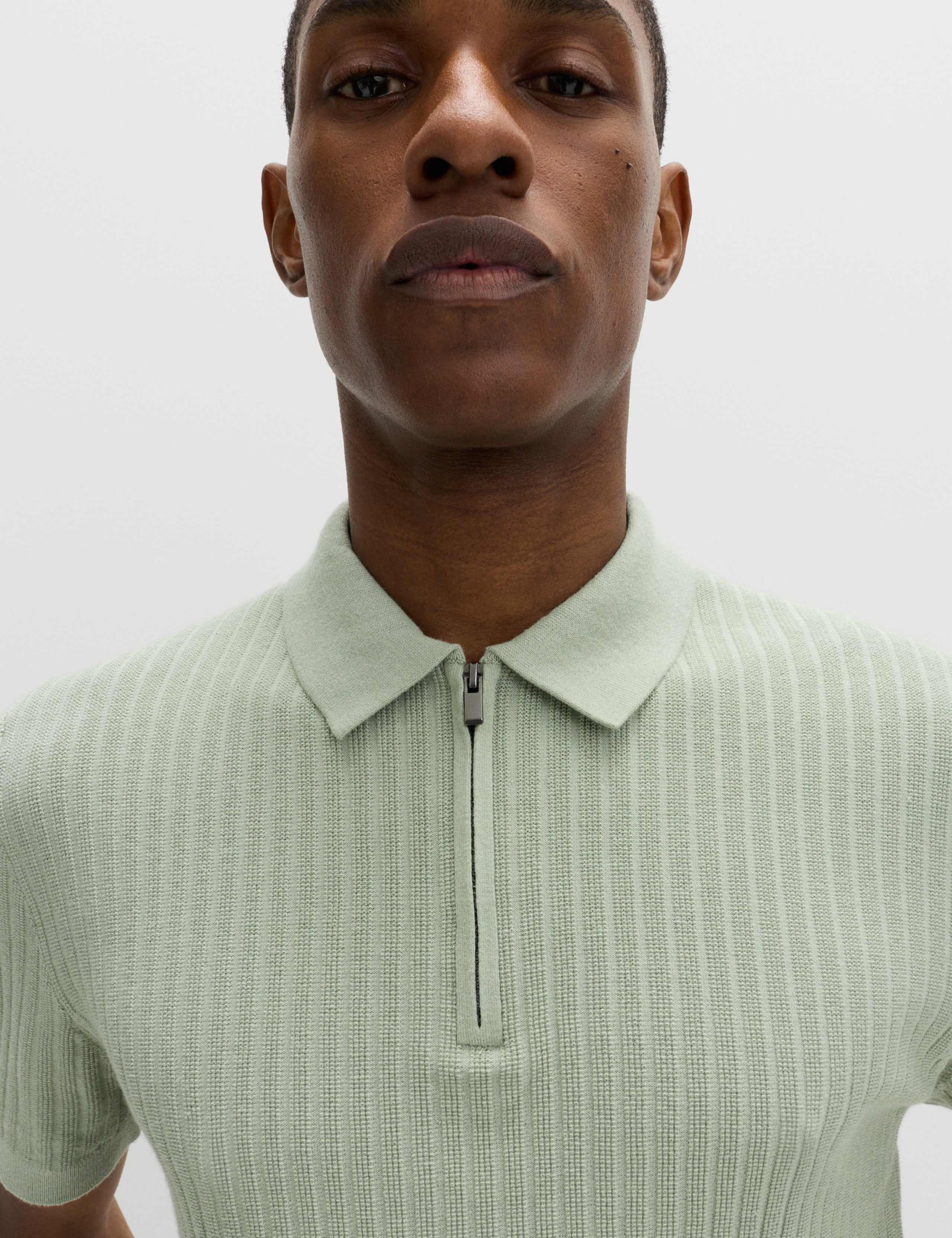 Cotton Rich Ribbed Knitted Zip Up Polo Shirt 3 of 5