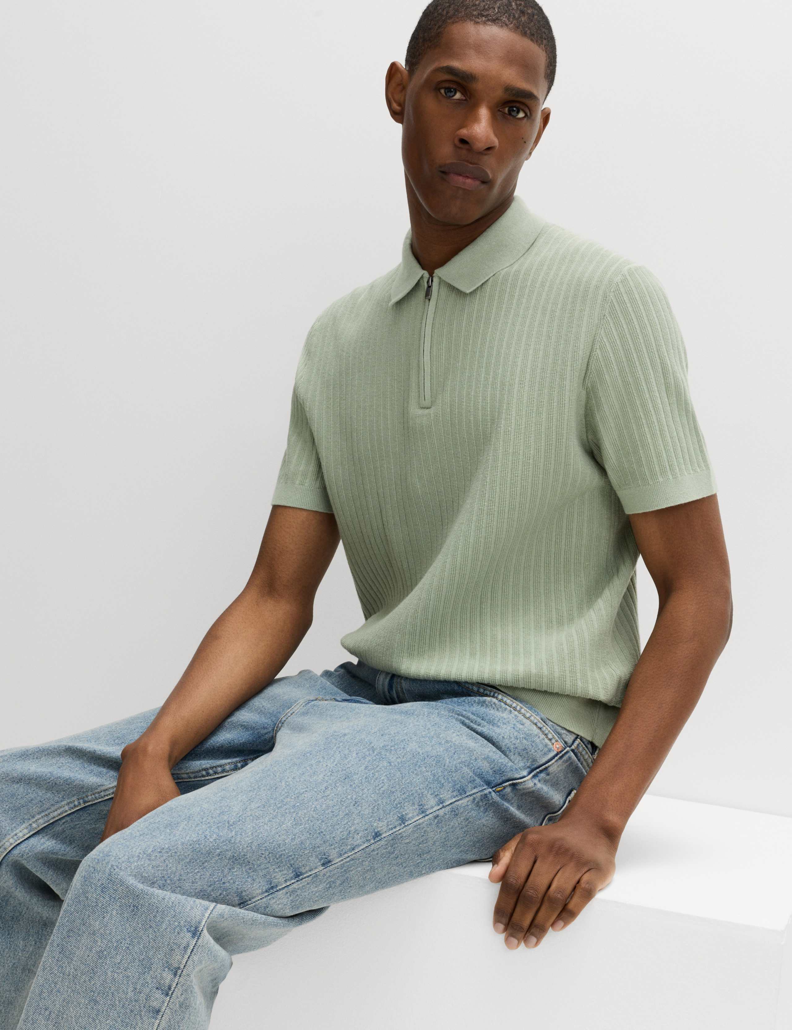 Cotton Rich Ribbed Knitted Zip Up Polo Shirt 5 of 5