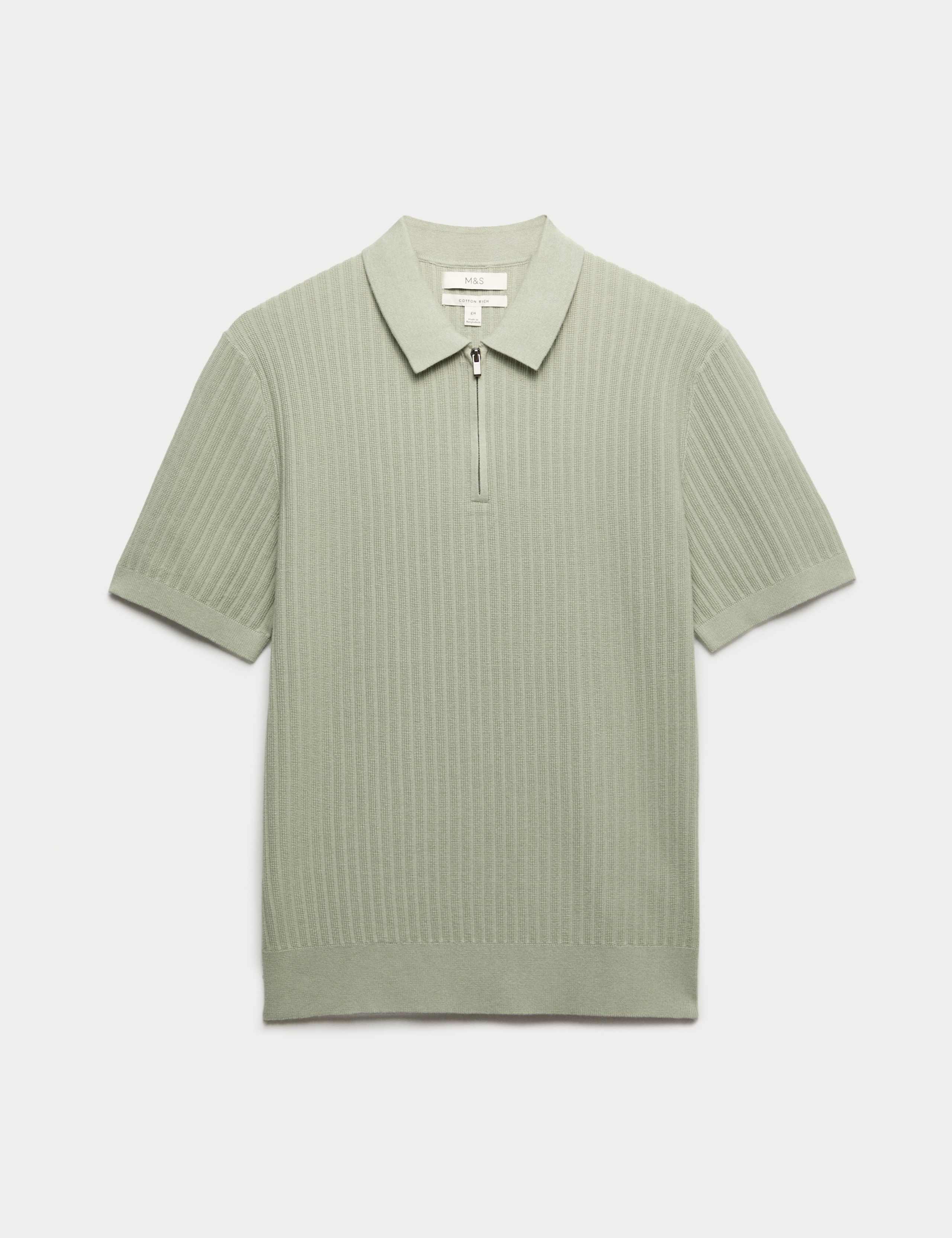 Cotton Rich Ribbed Knitted Zip Up Polo Shirt 2 of 5