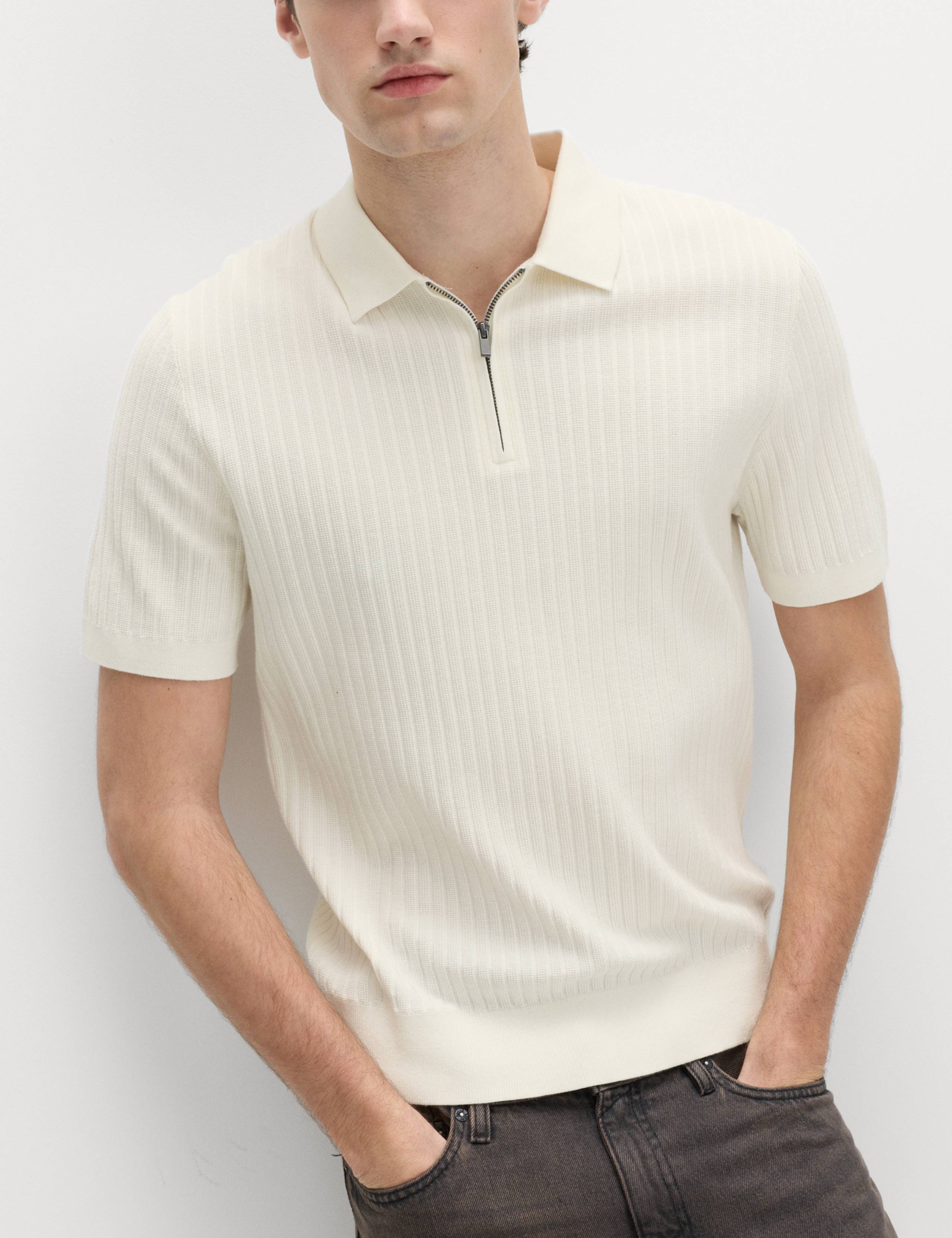Cotton Rich Ribbed Knitted Zip Up Polo Shirt 1 of 5
