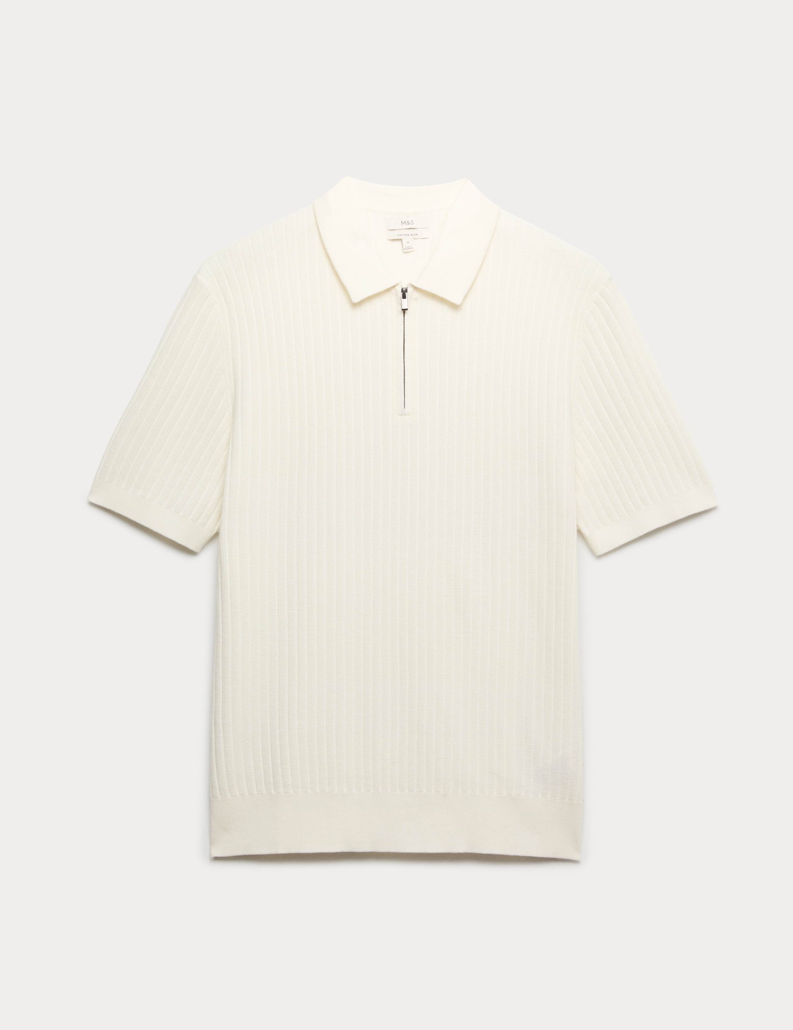 Cotton Rich Ribbed Knitted Zip Up Polo Shirt 2 of 5