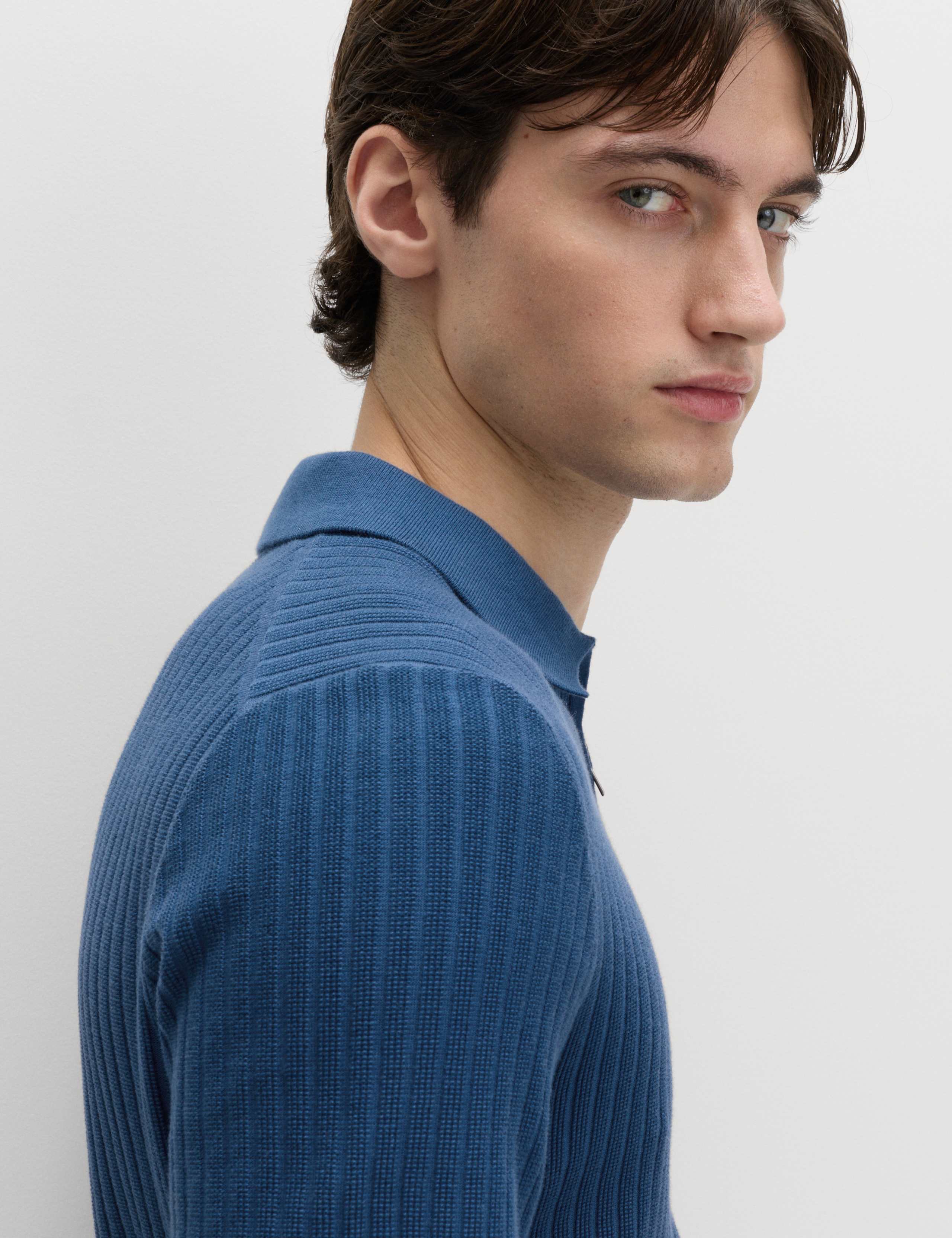 Cotton Rich Ribbed Knitted Zip Up Polo Shirt 1 of 6