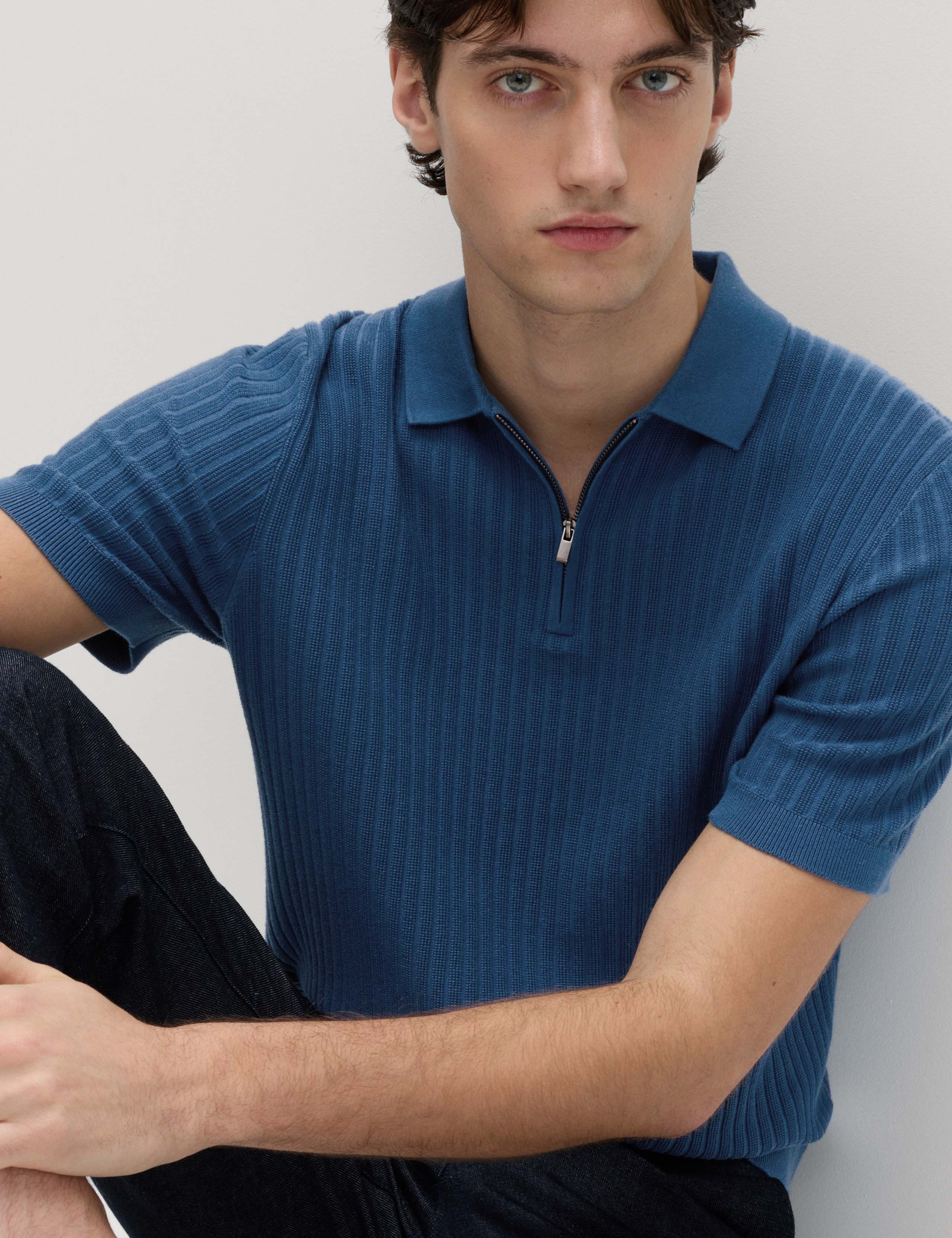 Cotton Rich Ribbed Knitted Zip Up Polo Shirt 5 of 6