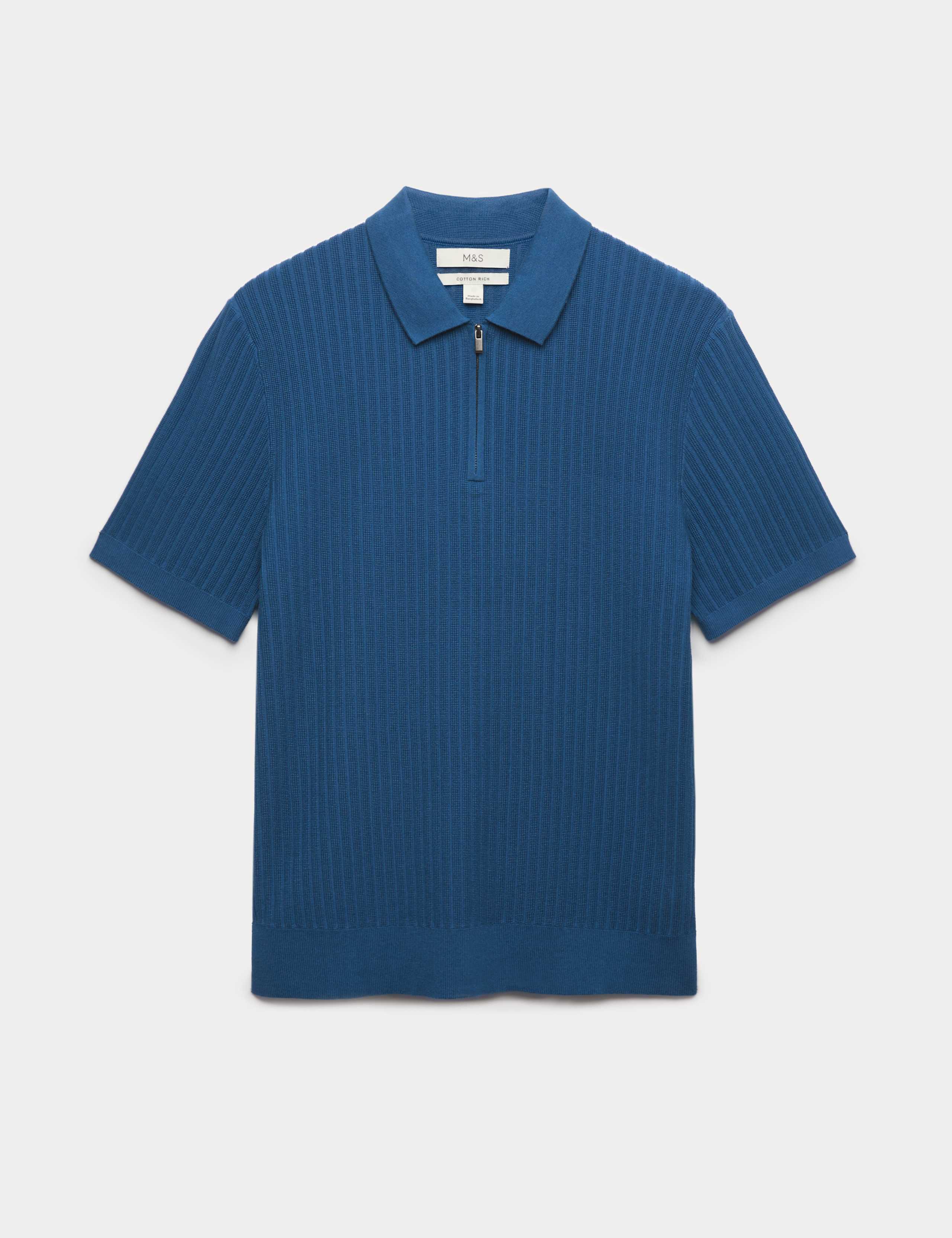 Cotton Rich Ribbed Knitted Zip Up Polo Shirt 2 of 6