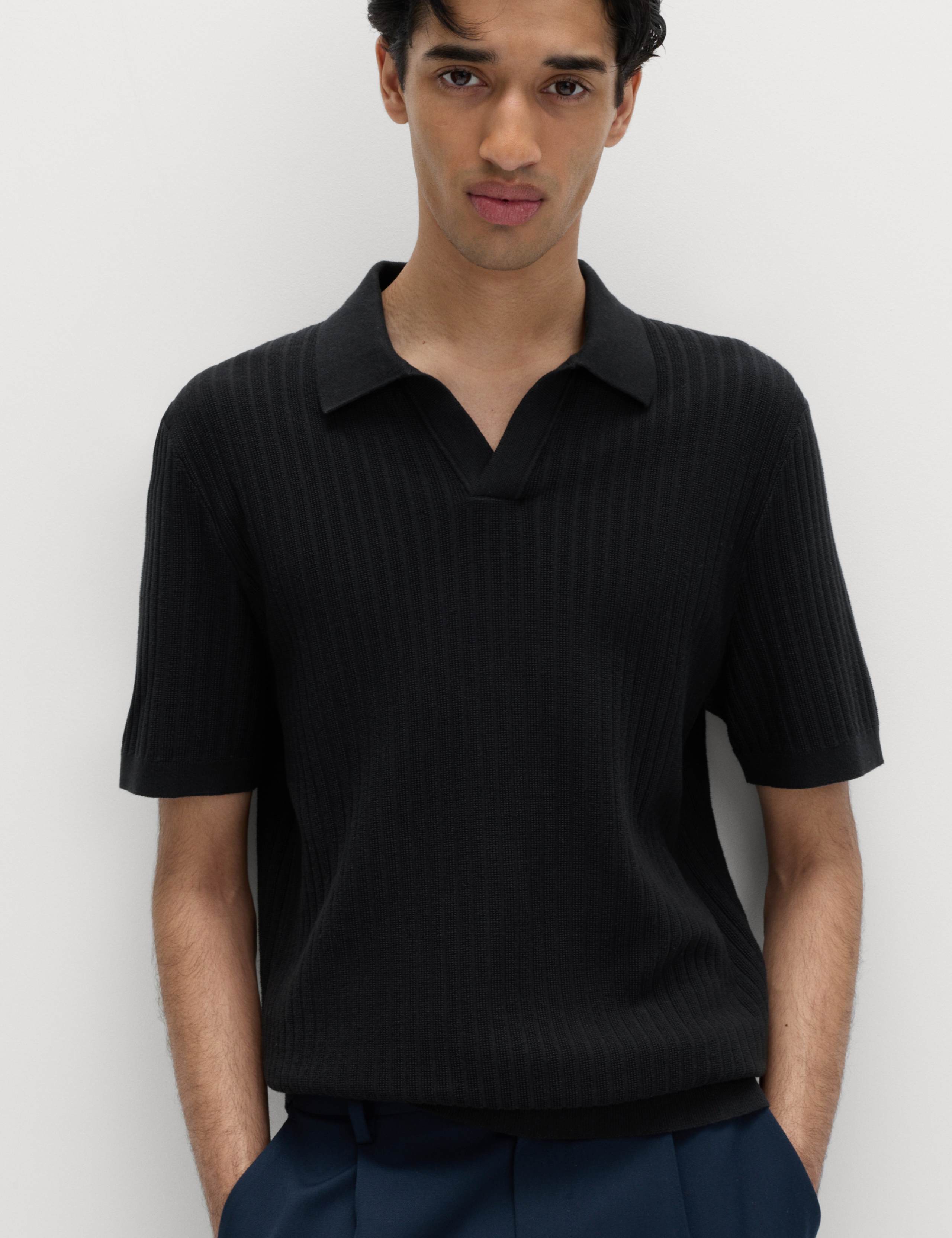 Cotton Rich Rib Texture Open Neck Polo Shirt 1 of 5