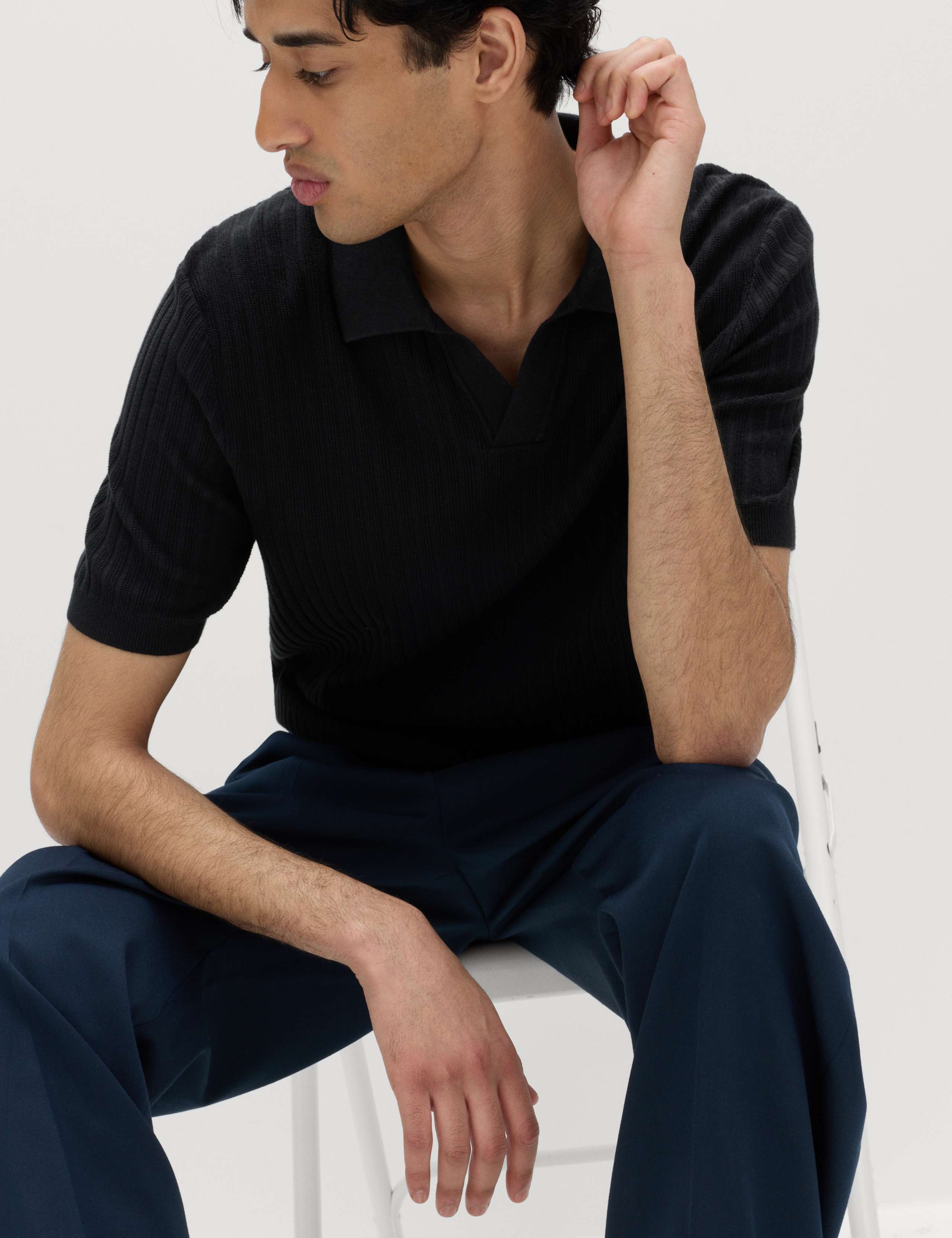 Cotton Rich Rib Texture Open Neck Polo Shirt 5 of 5