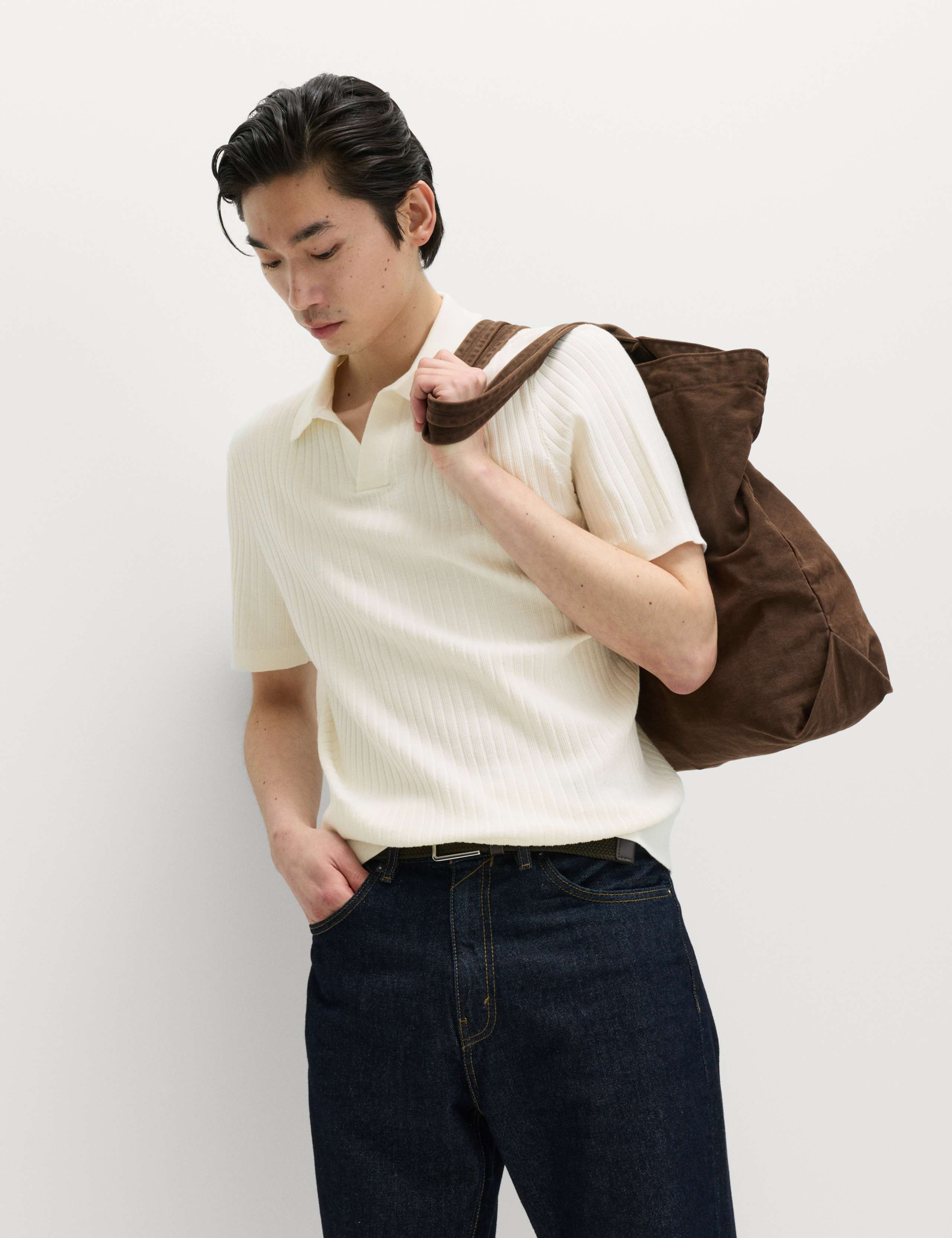 Cotton Rich Rib Texture Open Neck Polo Shirt 1 of 7