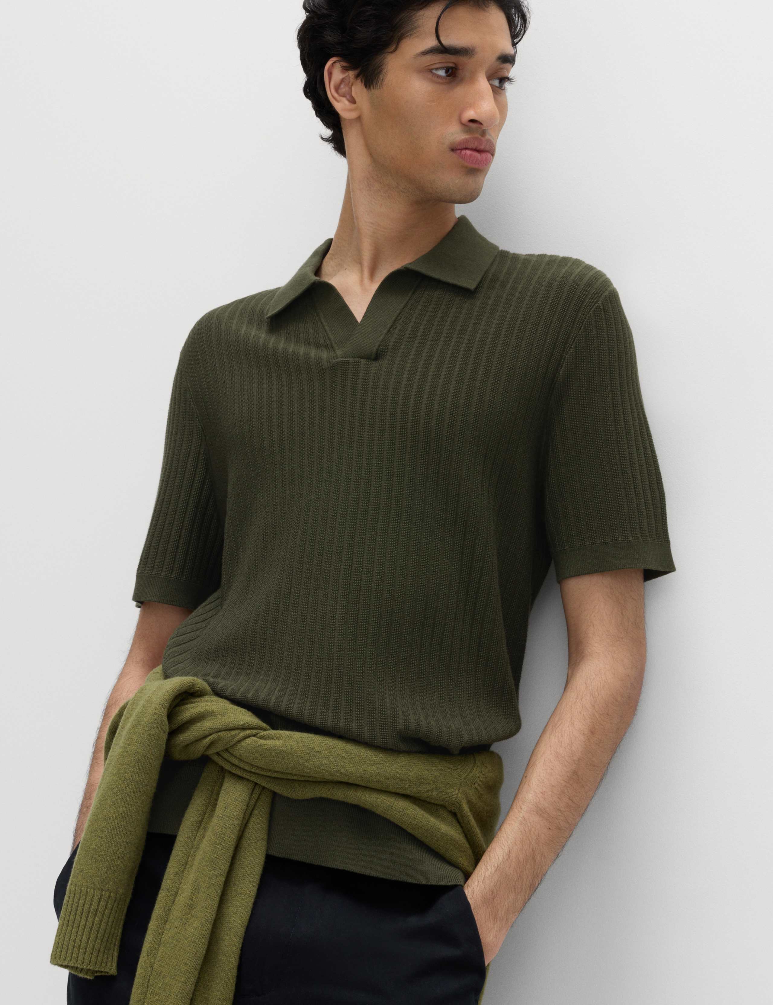Cotton Rich Rib Texture Open Neck Polo Shirt 1 of 5