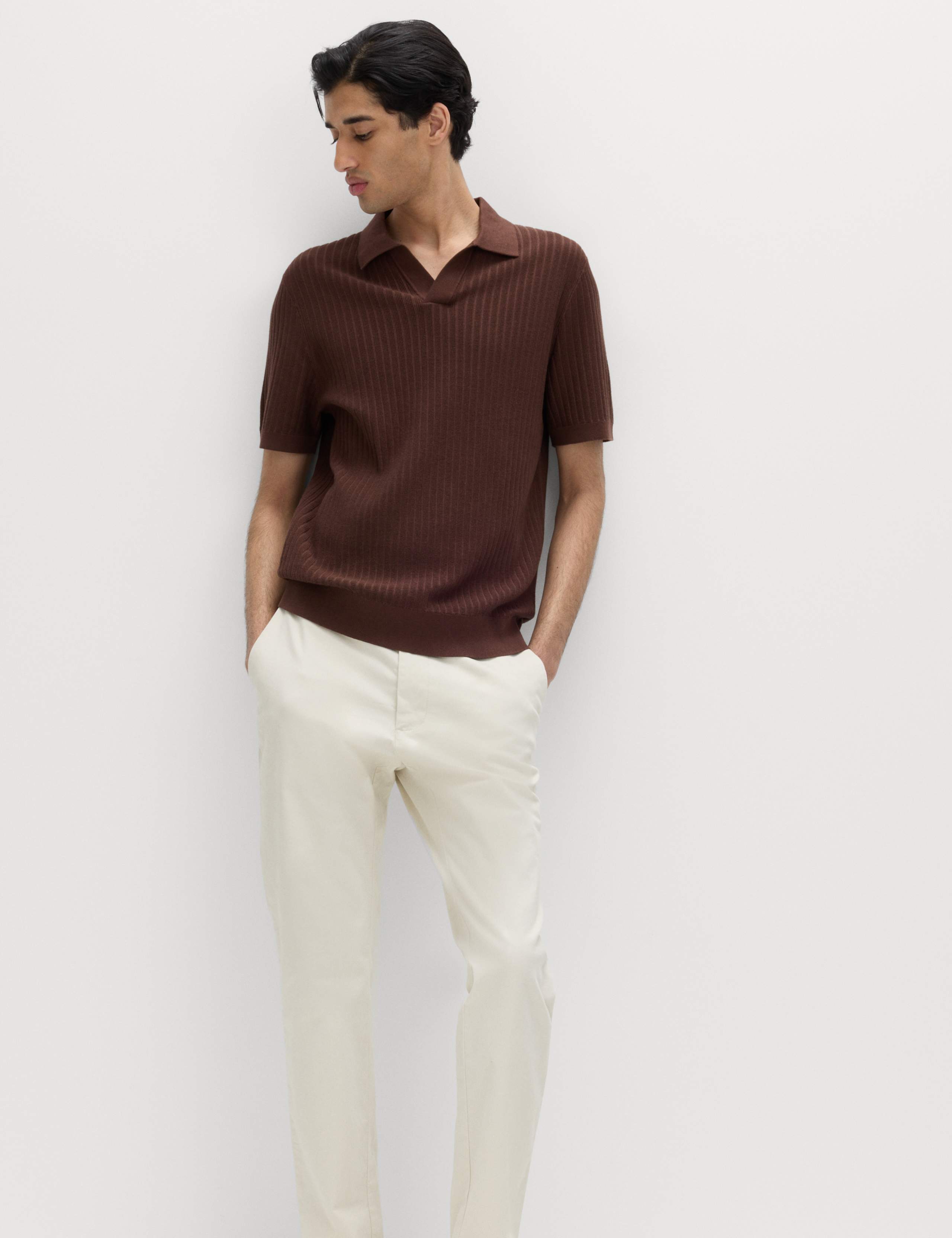 Cotton Rich Rib Texture Open Neck Polo Shirt 1 of 5