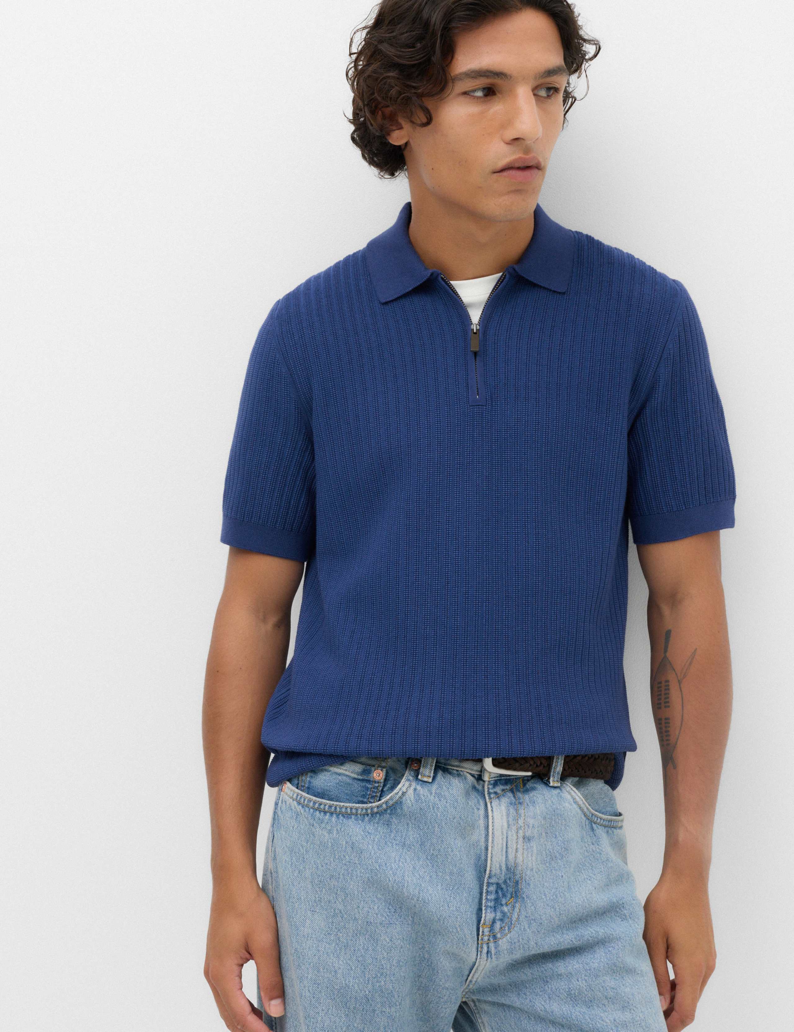 Cotton Blend Ribbed Zip Up Polo Shirt 1 of 6