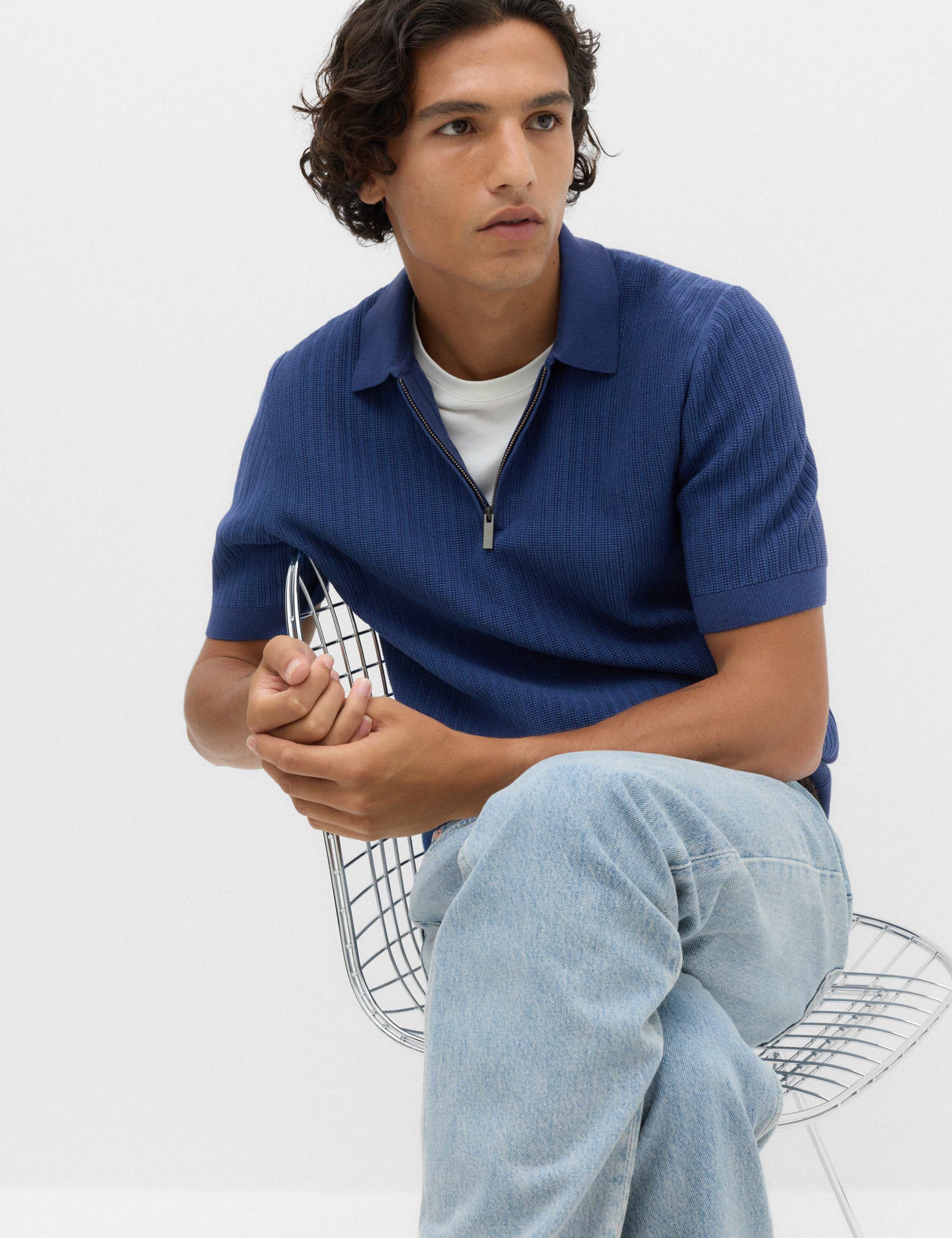 Cotton Blend Ribbed Zip Up Polo Shirt 6 of 6