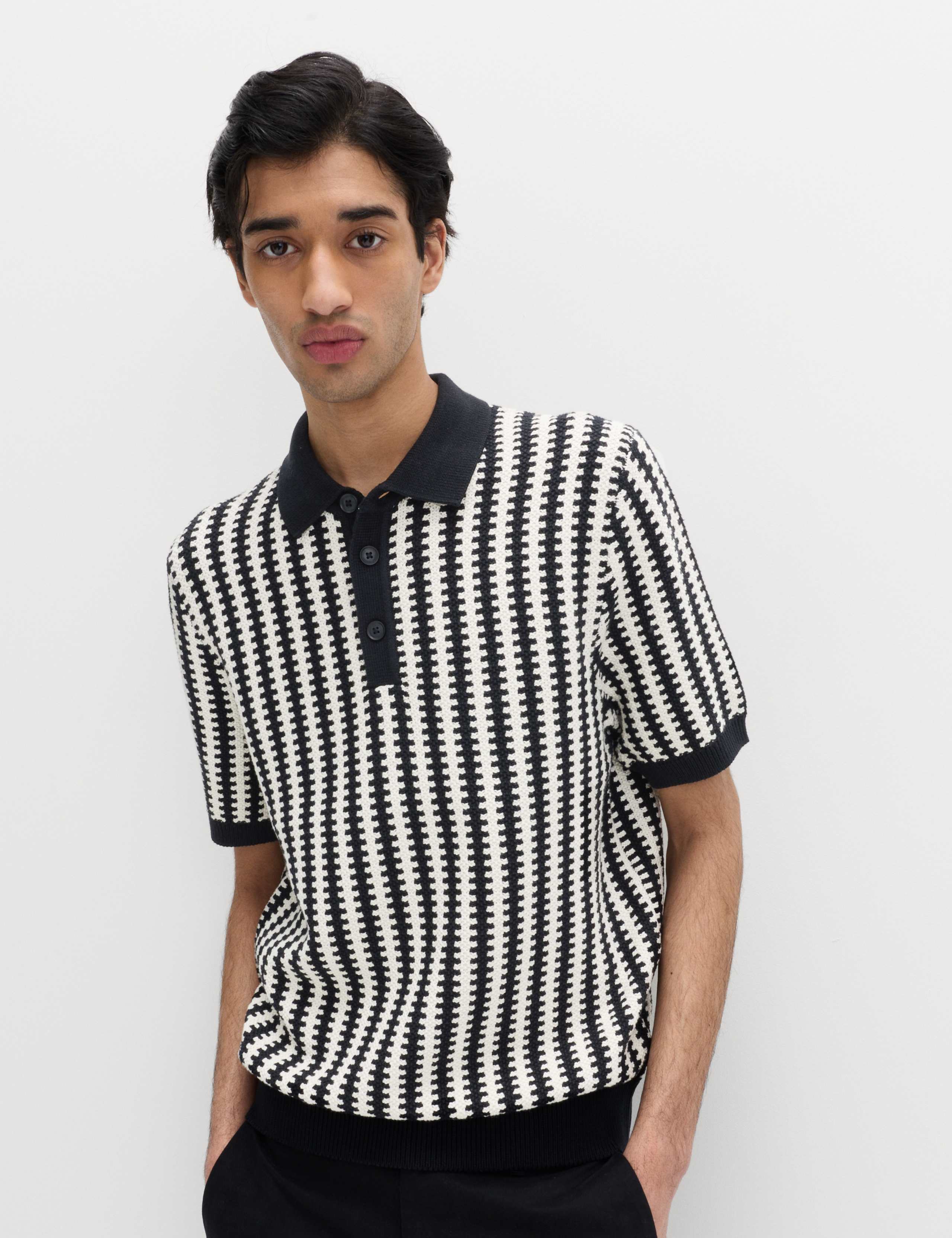 Pure Cotton Textured Striped Knitted Polo Shirt 1 of 5