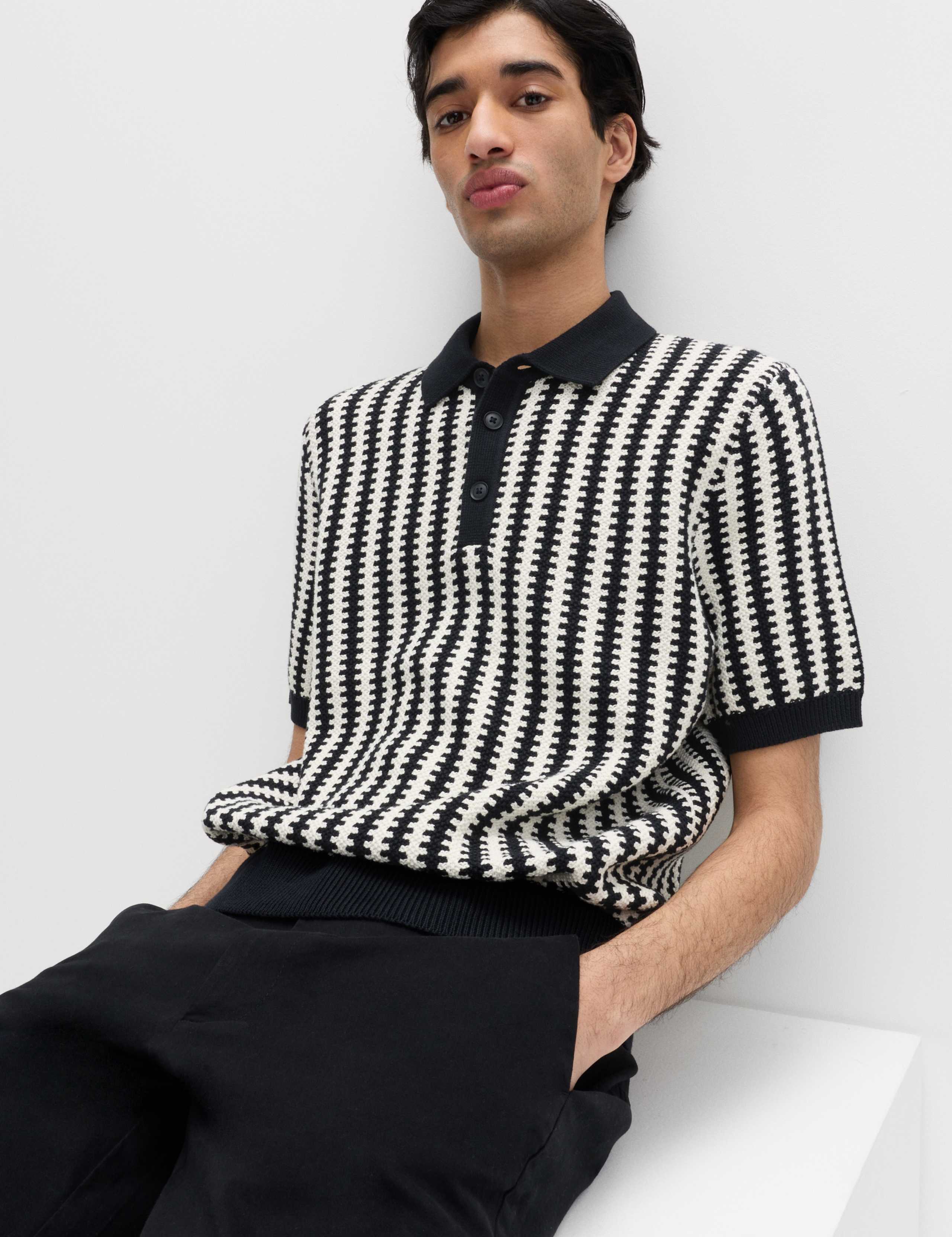 Pure Cotton Textured Striped Knitted Polo Shirt 5 of 5