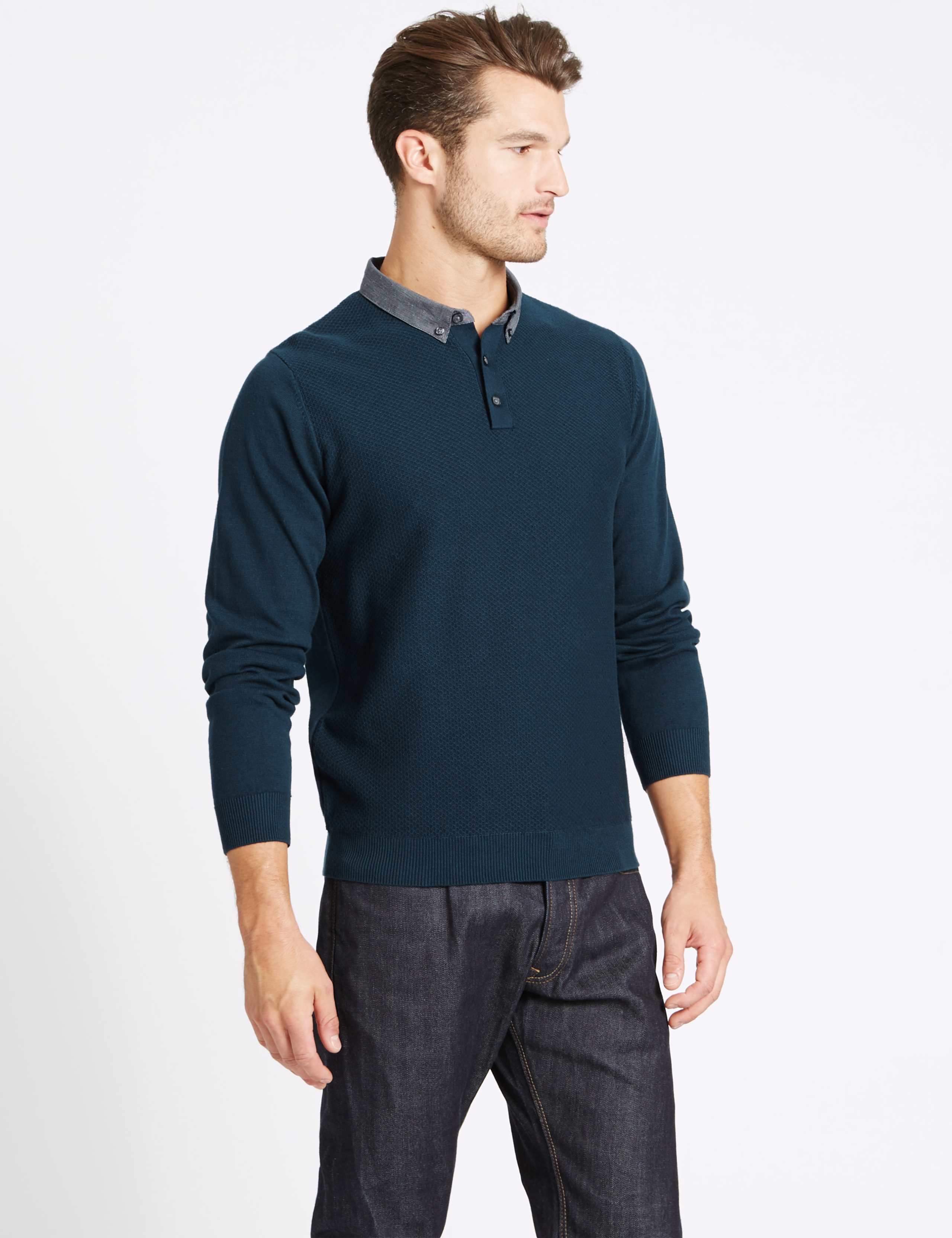 Pure Cotton Textured Mock Shirt Jumper 1 of 3