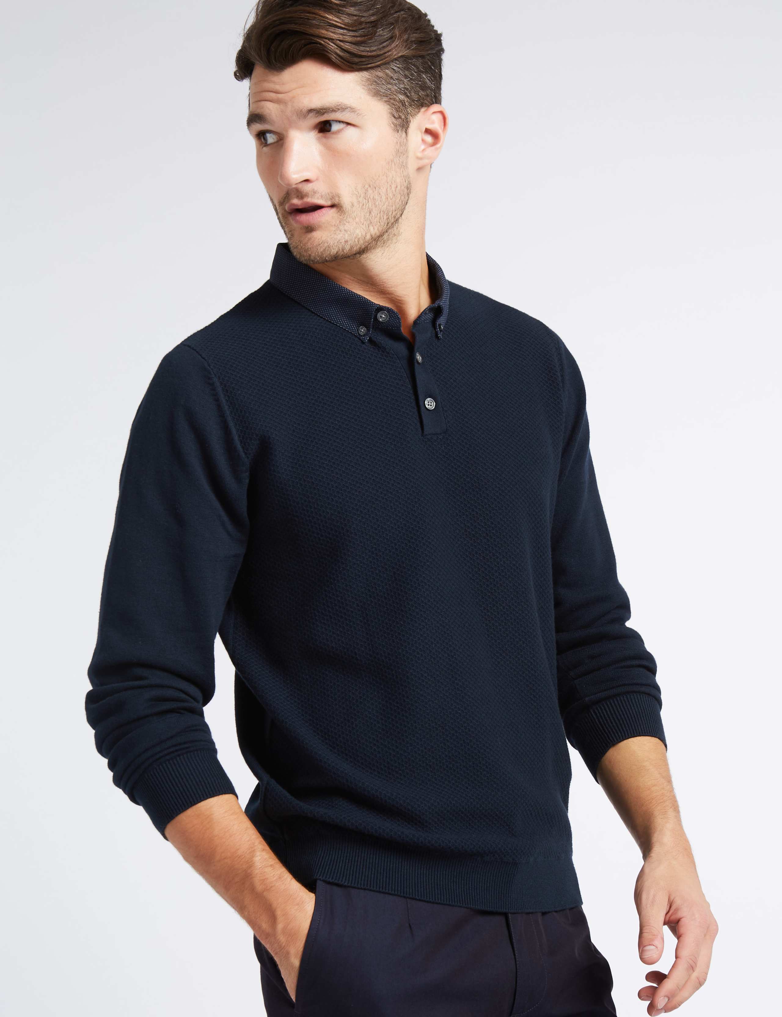 Pure Cotton Textured Mock Shirt Jumper 3 of 5