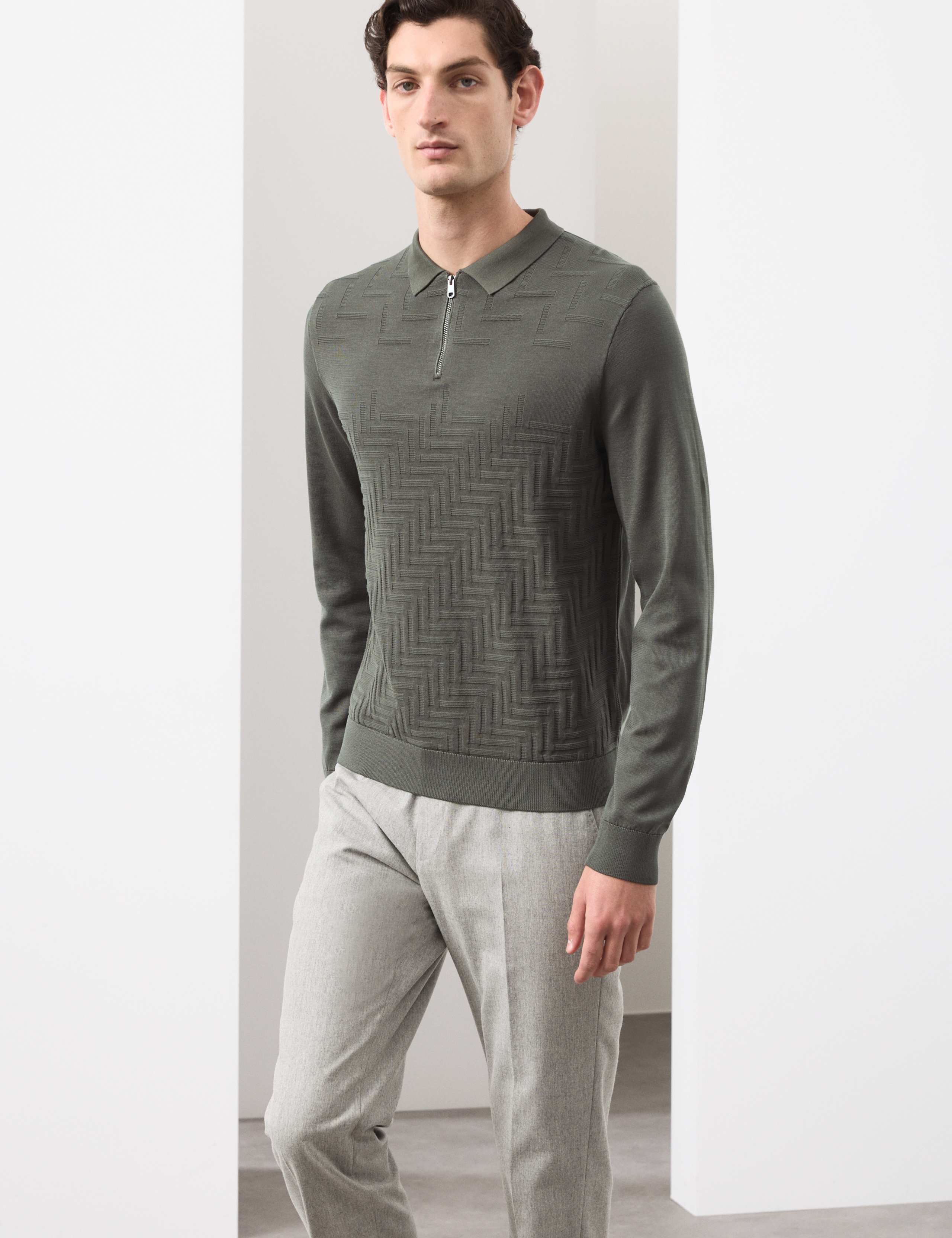 Mercerised Cotton Geometric Half Zip Polo 1 of 6