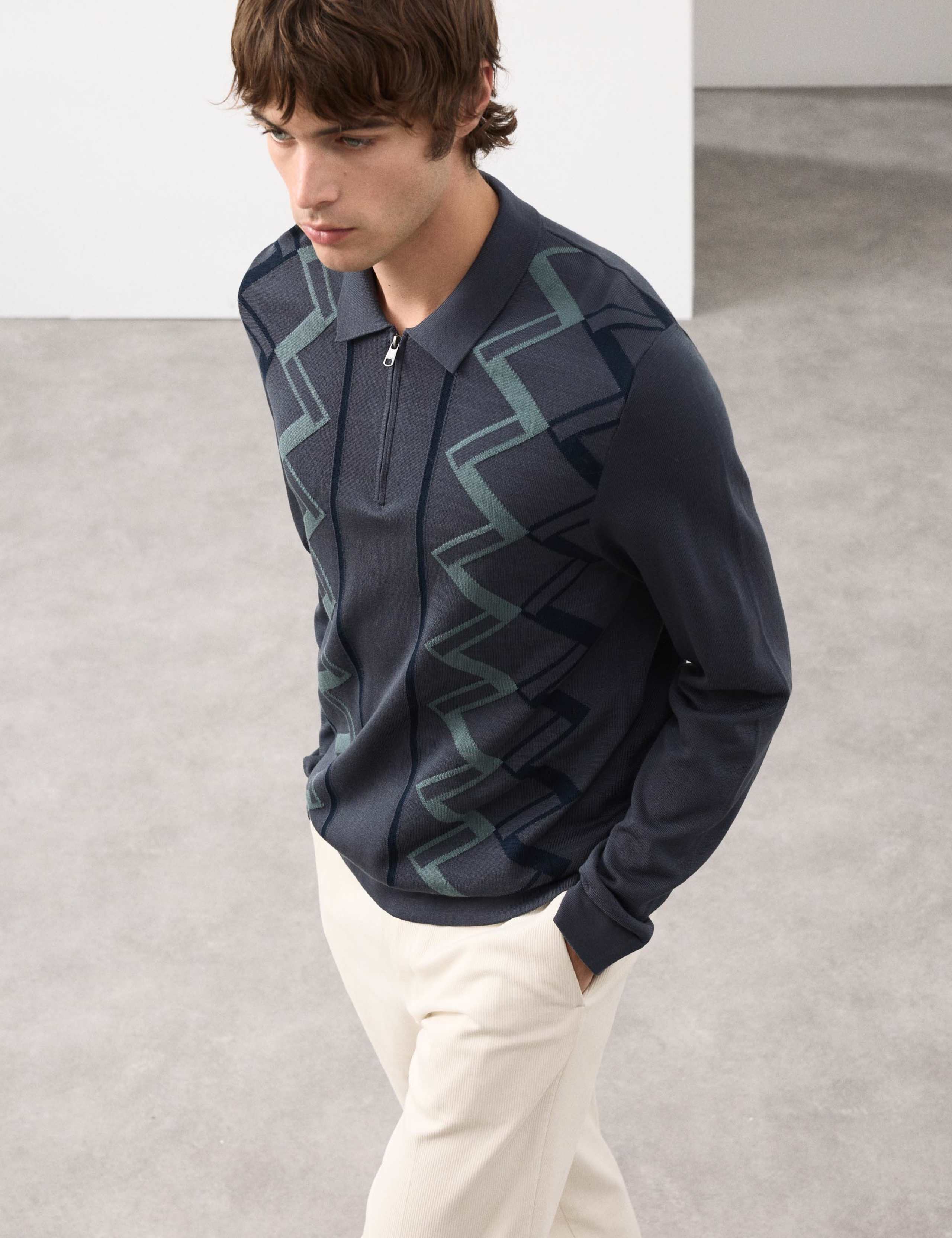 Mercerised Cotton Geometric Knitted Polo Shirt 1 of 6