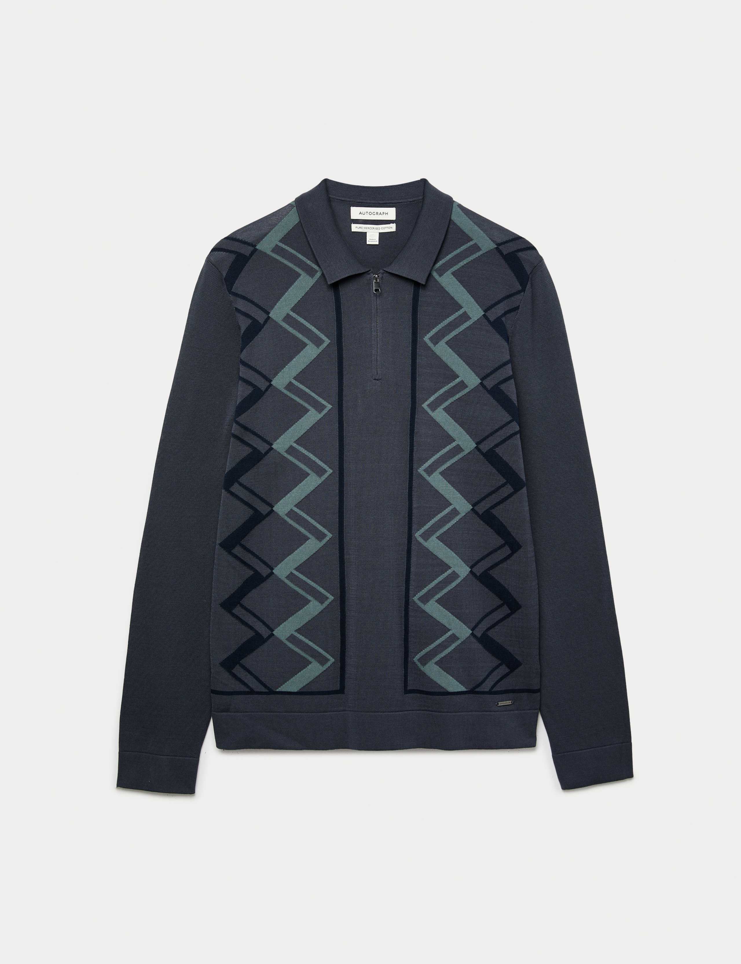 Mercerised Cotton Geometric Knitted Polo Shirt 1 of 1