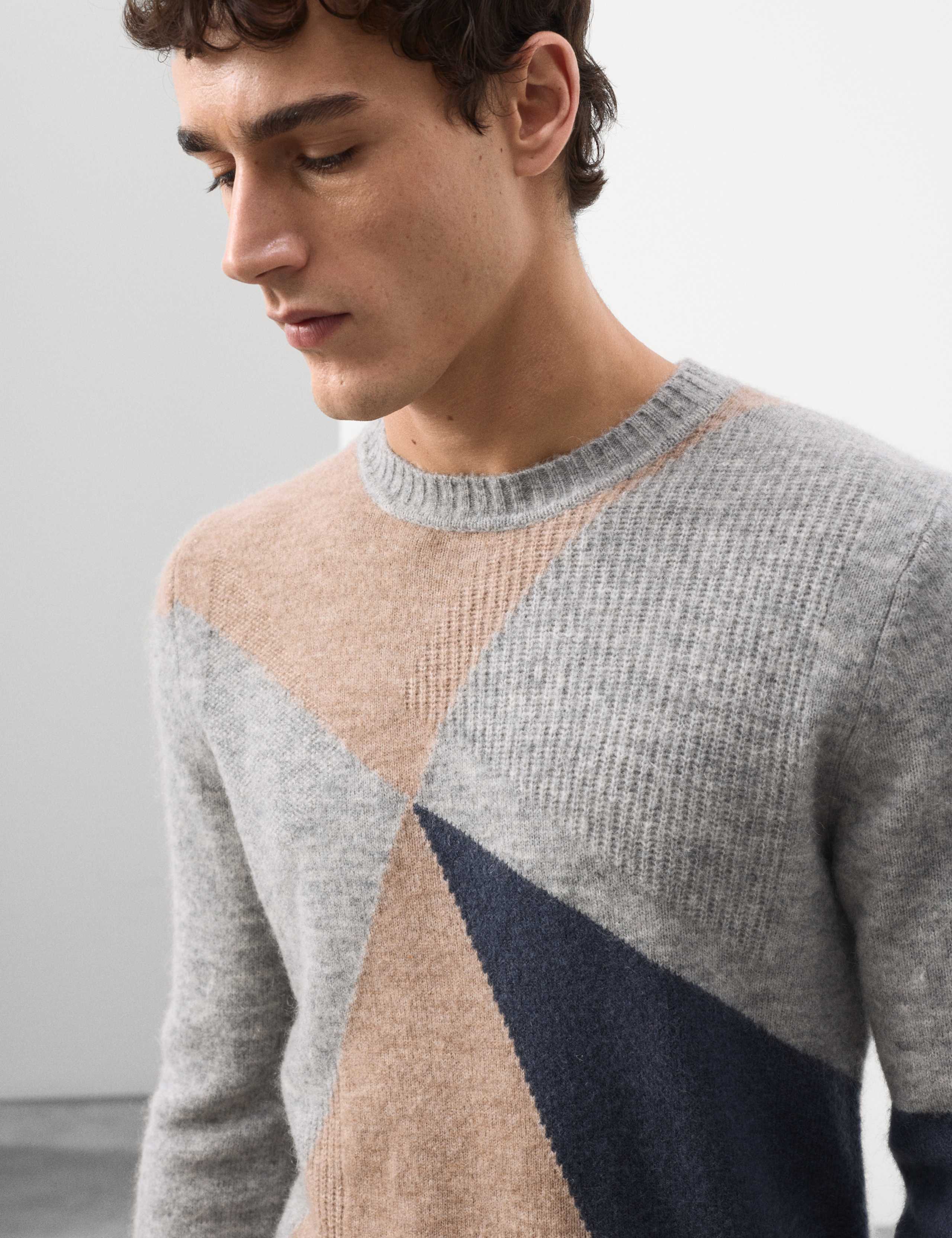 Wool-Rich Pattern Crew Neck Jumper with Mohair 1 of 6