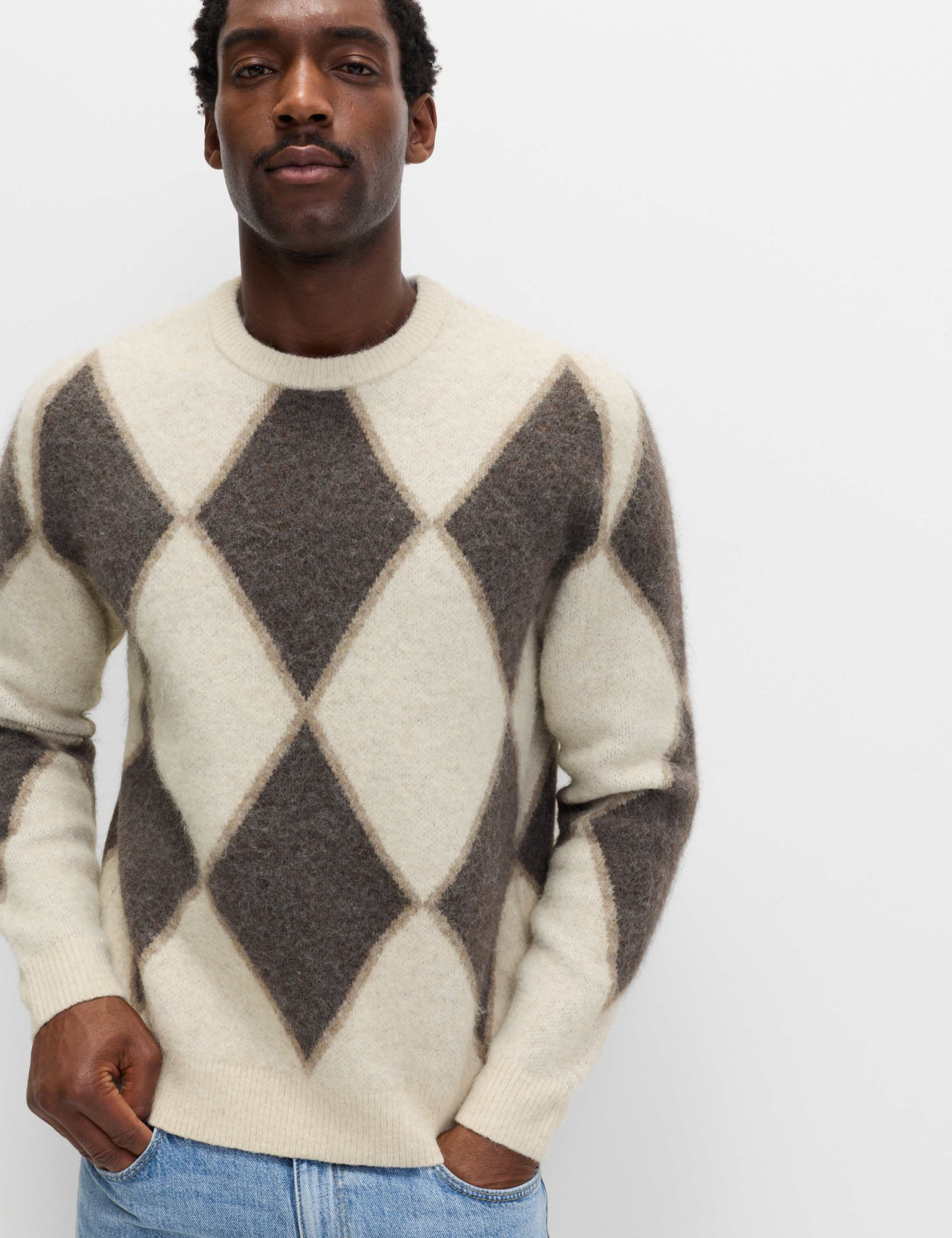 Argyle Hazy Knit Crew Neck Jumper with Wool 1 of 6