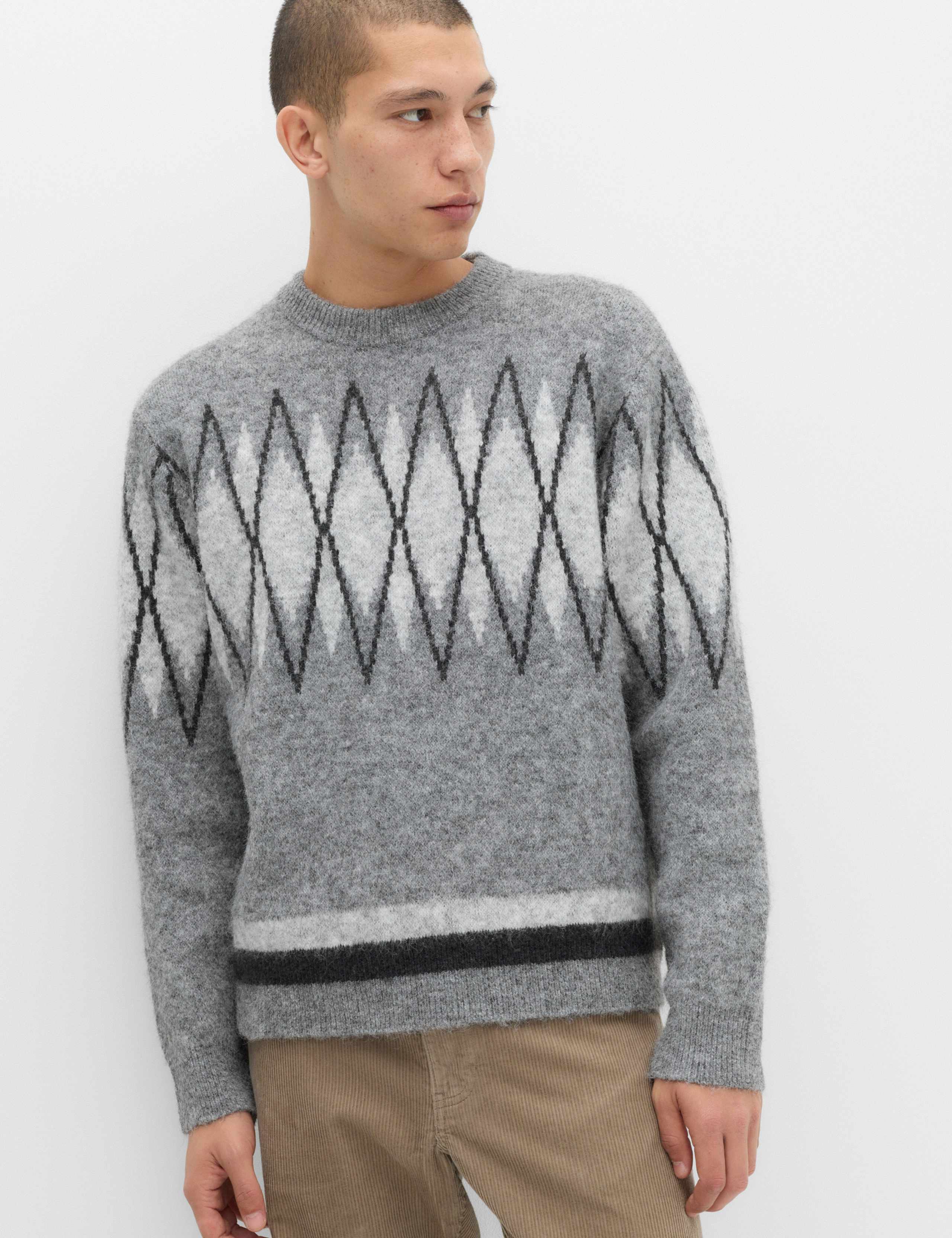 Relaxed Argyle Crew Neck Jumper with Wool 1 of 5