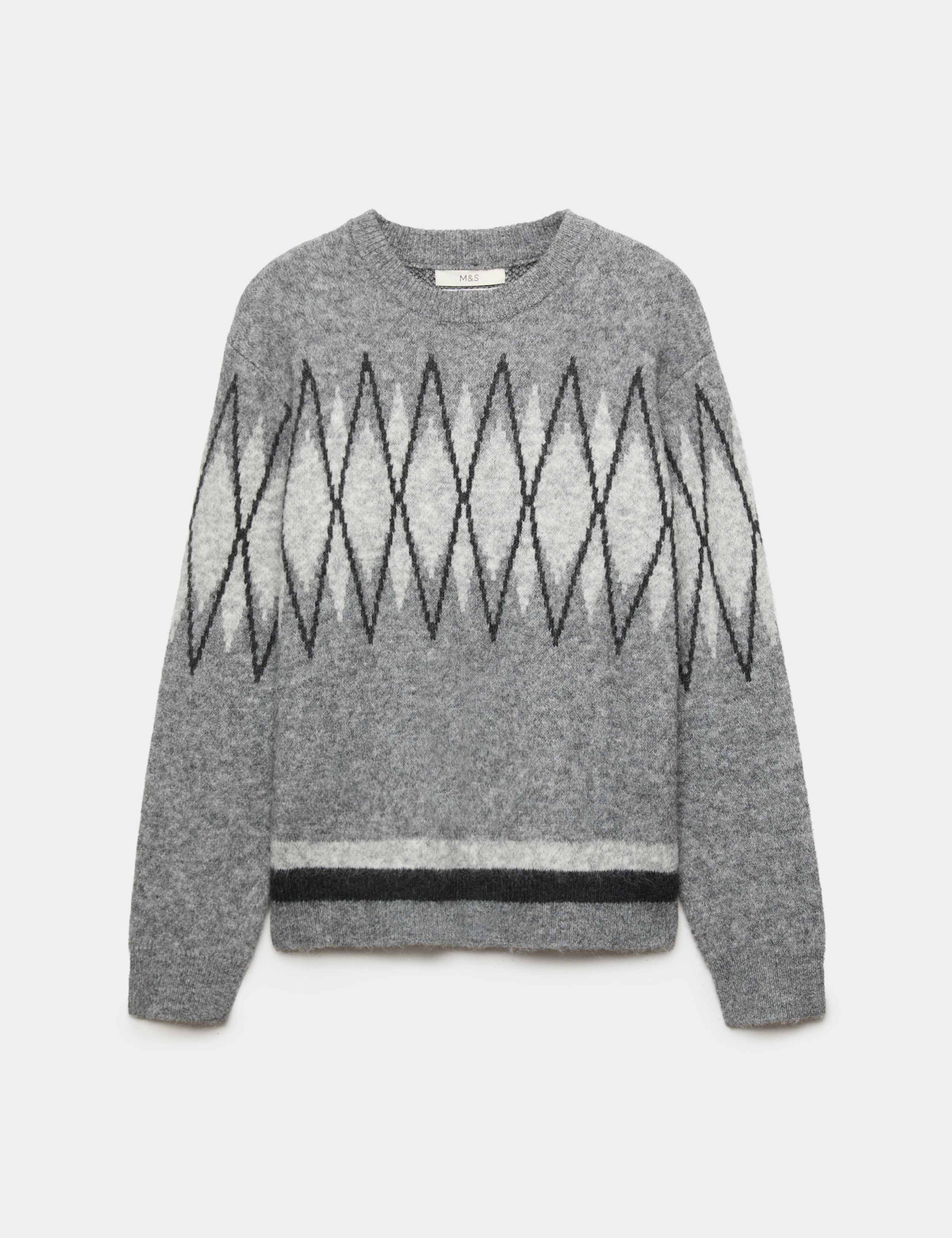 Relaxed Argyle Crew Neck Jumper with Wool 2 of 5