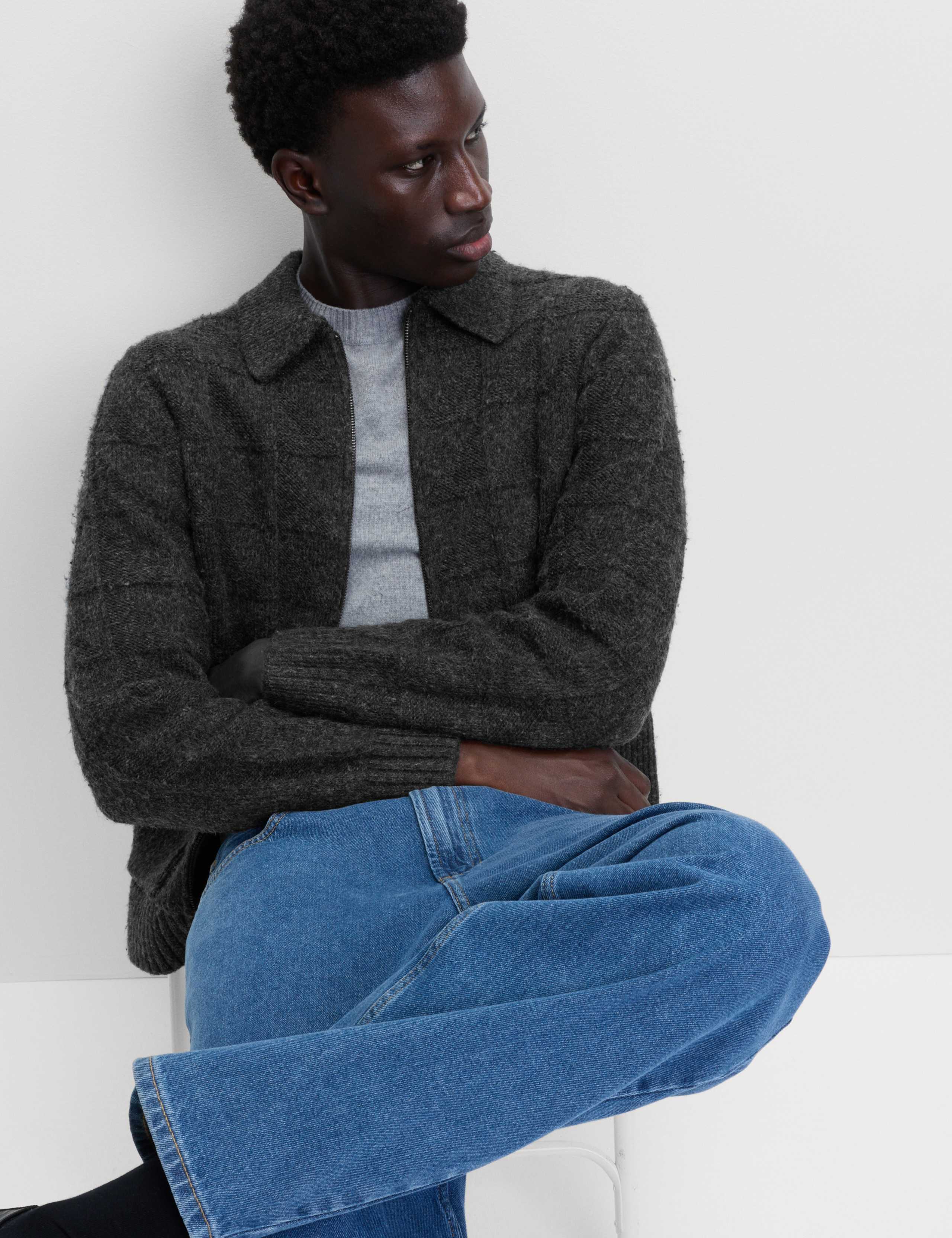 Textured Knitted Zip Up Jacket with Wool 6 of 6