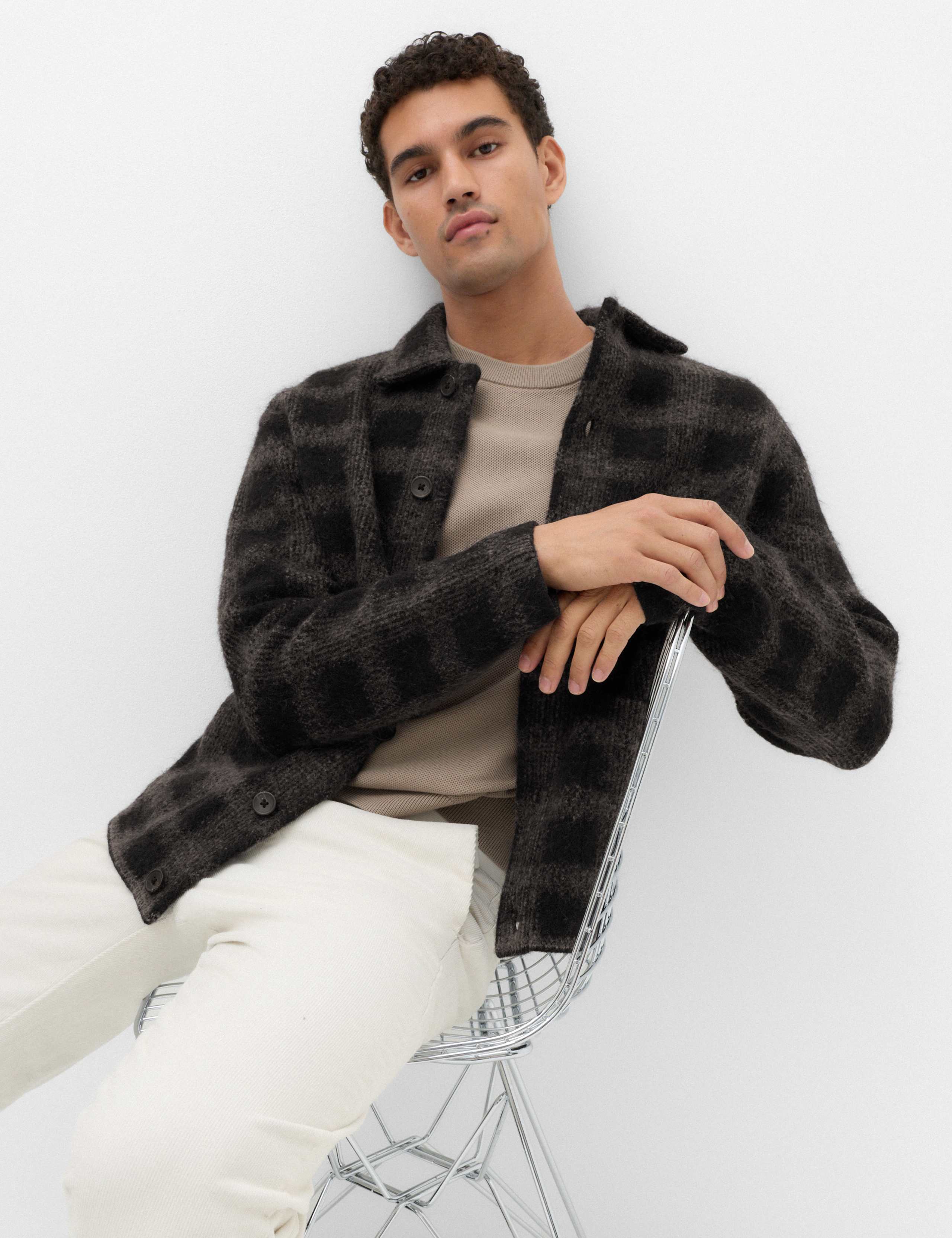 Checked Button Through Knitted Jacket 7 of 7